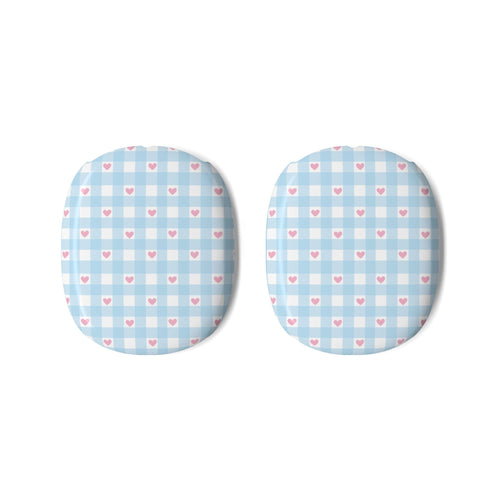 Pair of AirPods Max ear cup covers, blue gingham with pink heart print
