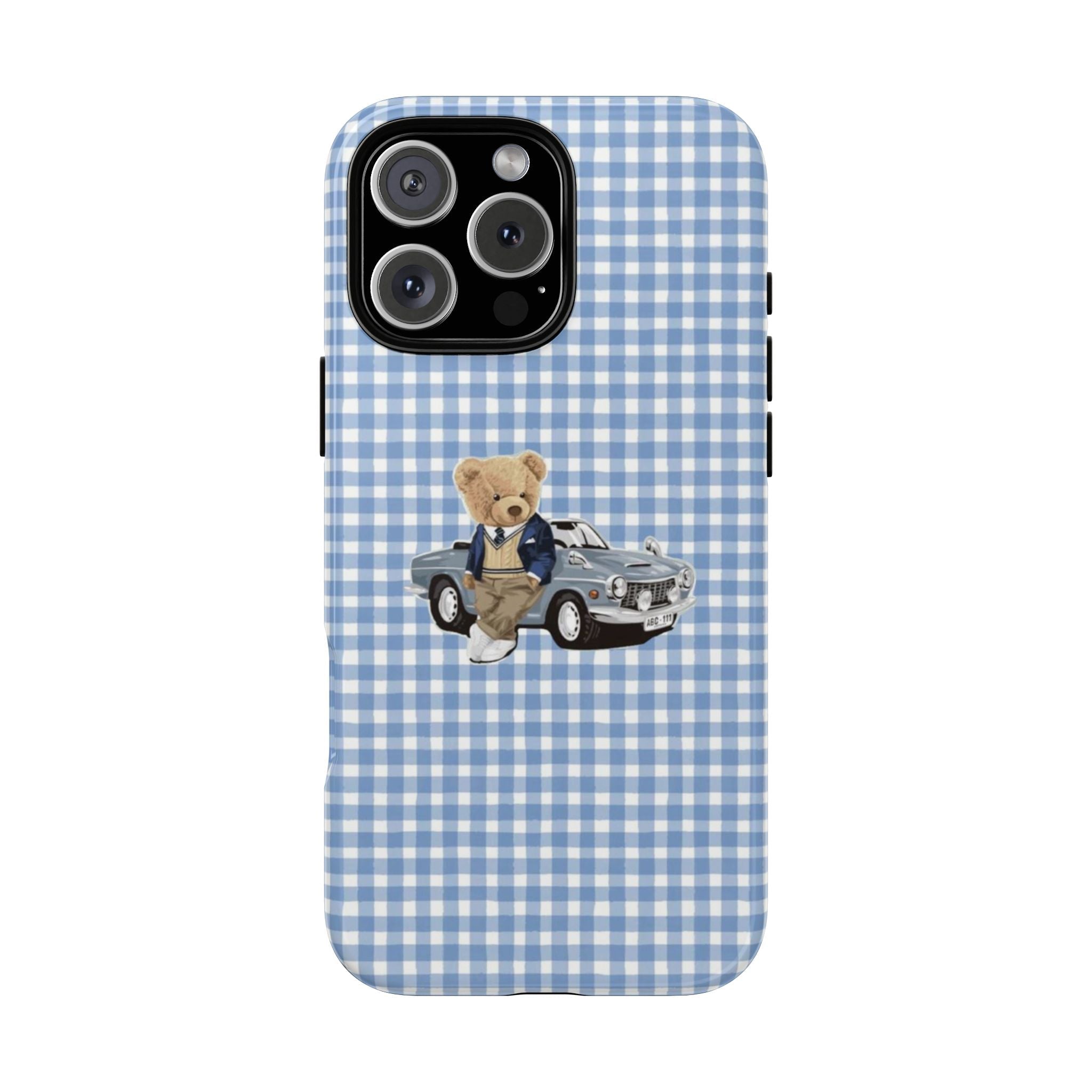 Blue gingham phone case with teddy bear beside vintage car; camera cutouts visible