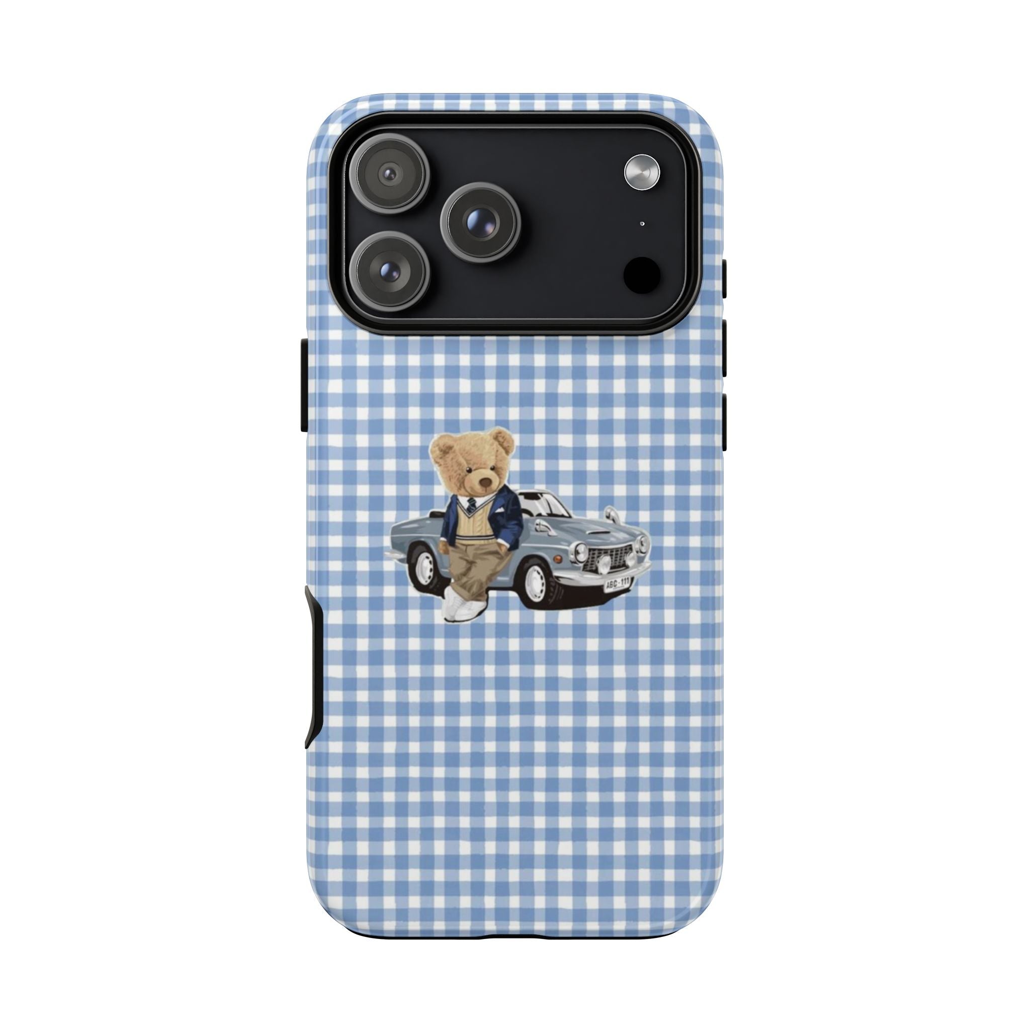 Blue check phone case with teddy bear and vintage car print; top camera lenses visible