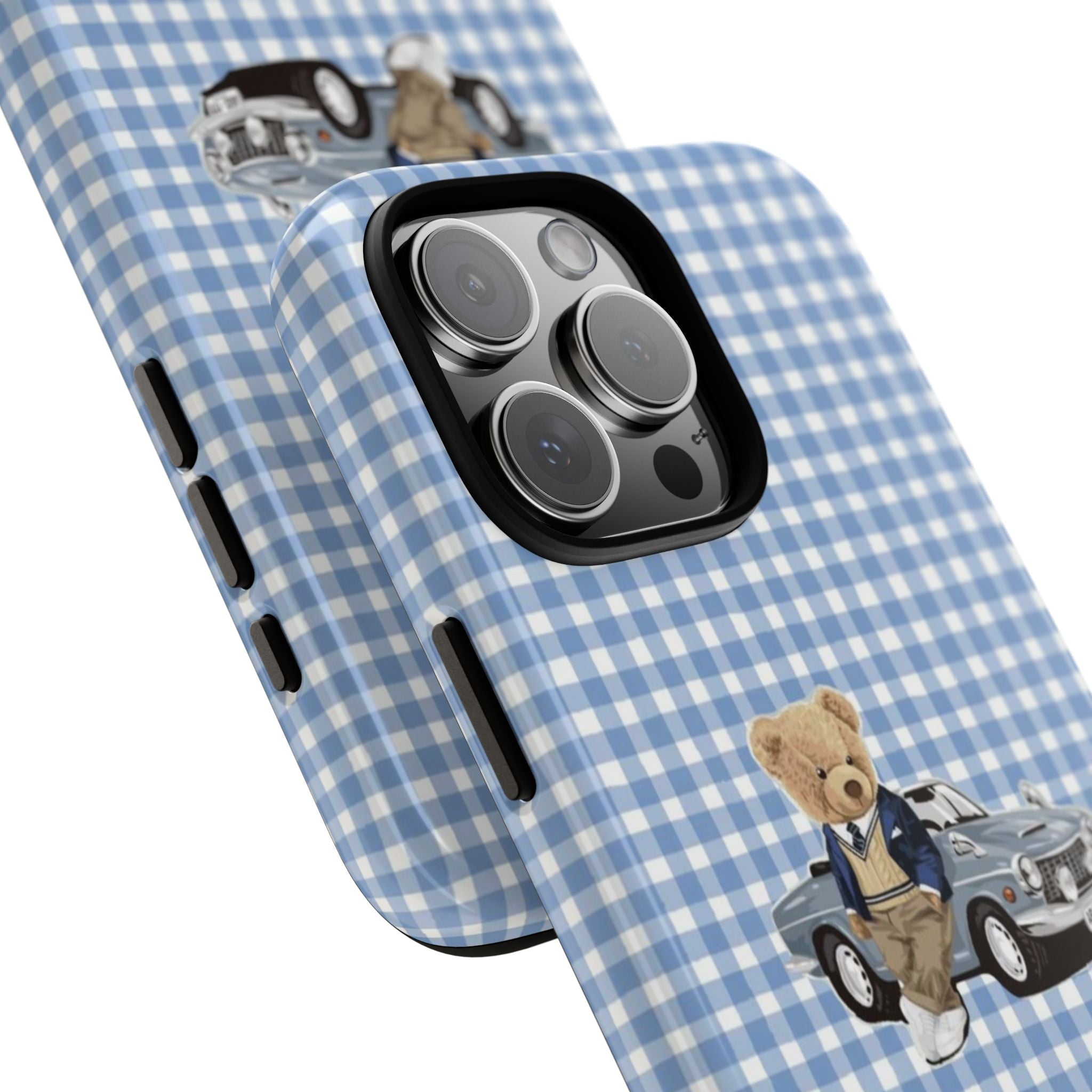 Blue gingham phone case with teddy bear and vintage car; side buttons and camera lenses