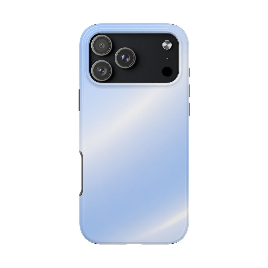 Light-blue glossy phone case, camera cutouts and raised edges