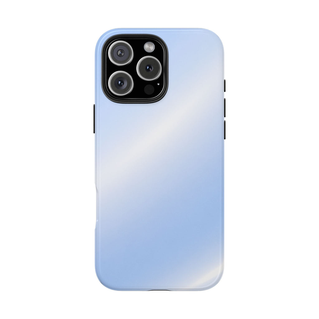 Light-blue glossy phone case, rear view with camera openings and side buttons