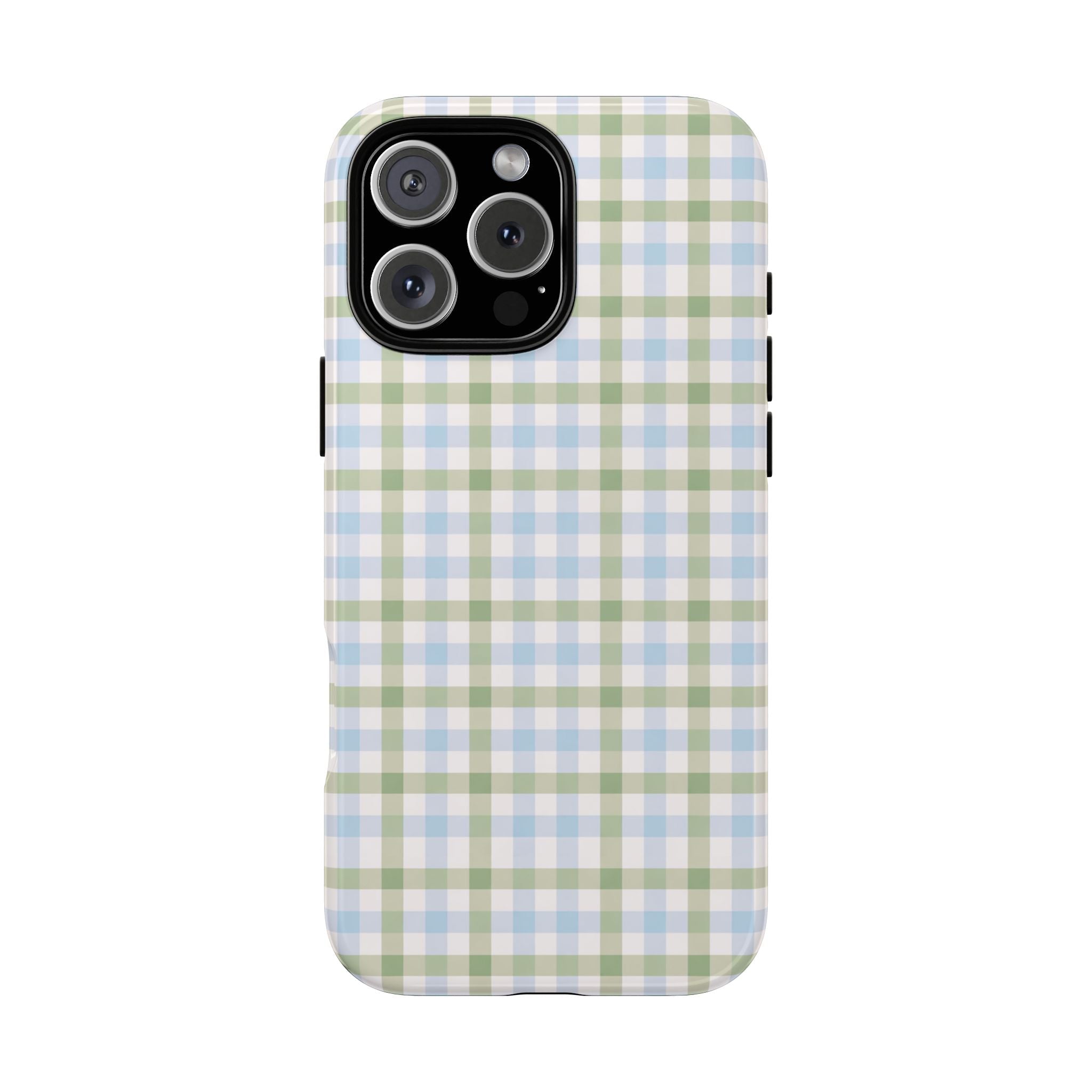 Blue and green gingham phone case with black camera cutout