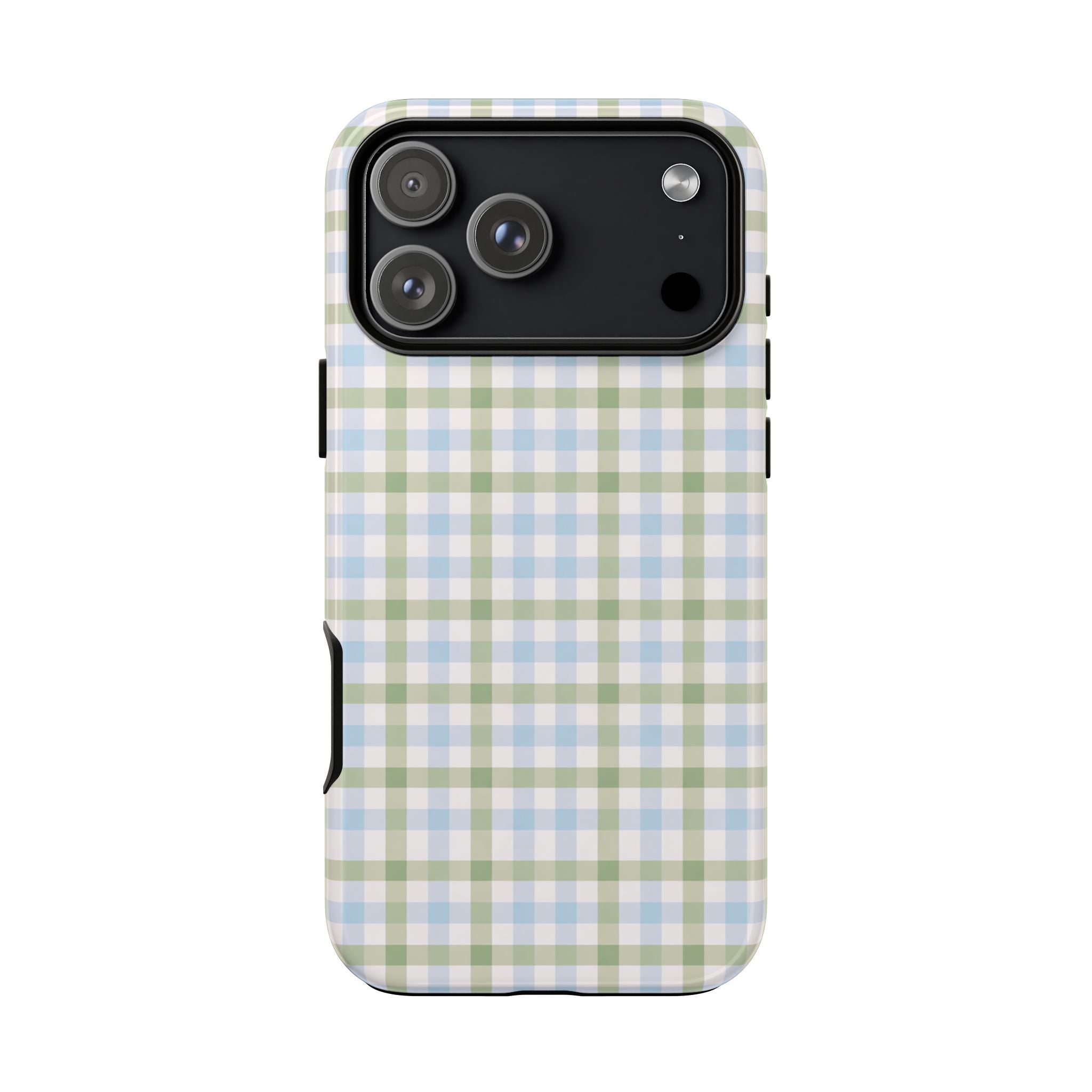 Blue and green gingham phone case rear view with camera lenses and cutouts