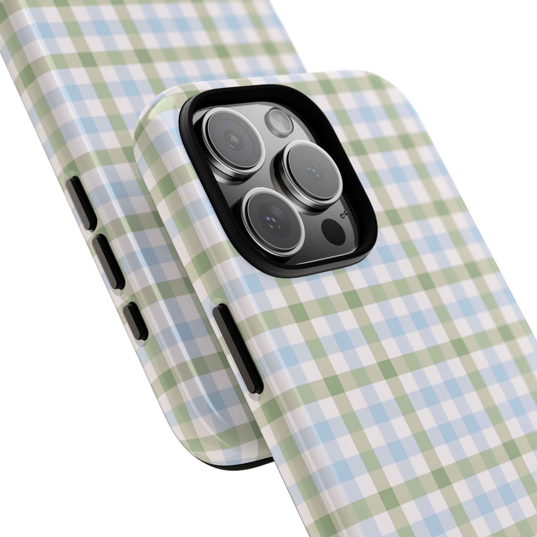 Blue and green gingham phone case angled view showing camera bump