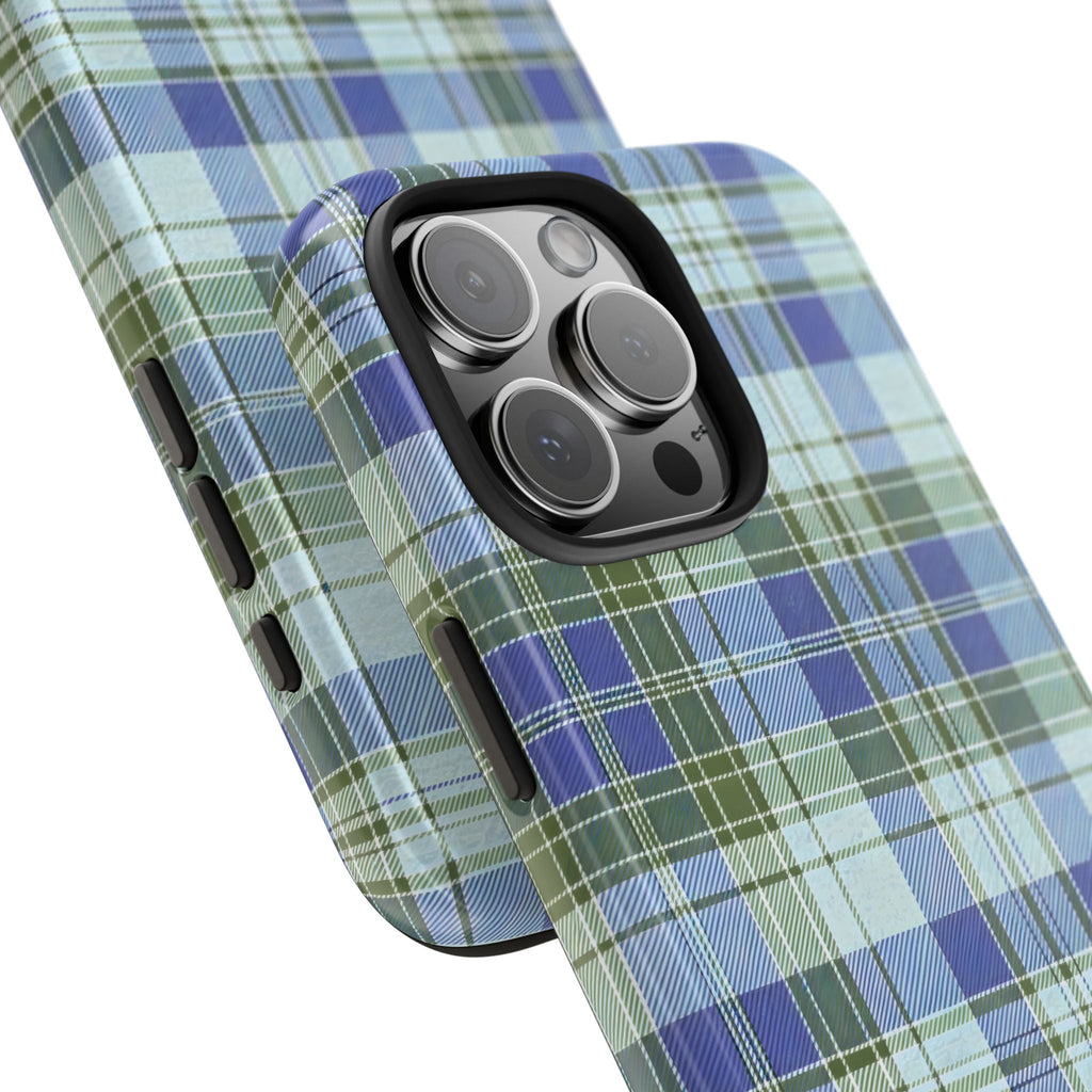 Blue and green plaid phone case showing camera lens bump and side cutouts
