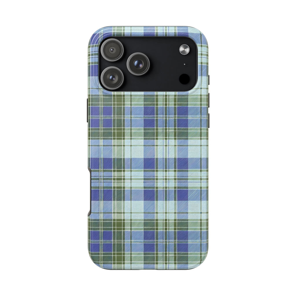 Blue and green plaid phone case with cutouts for camera and flash