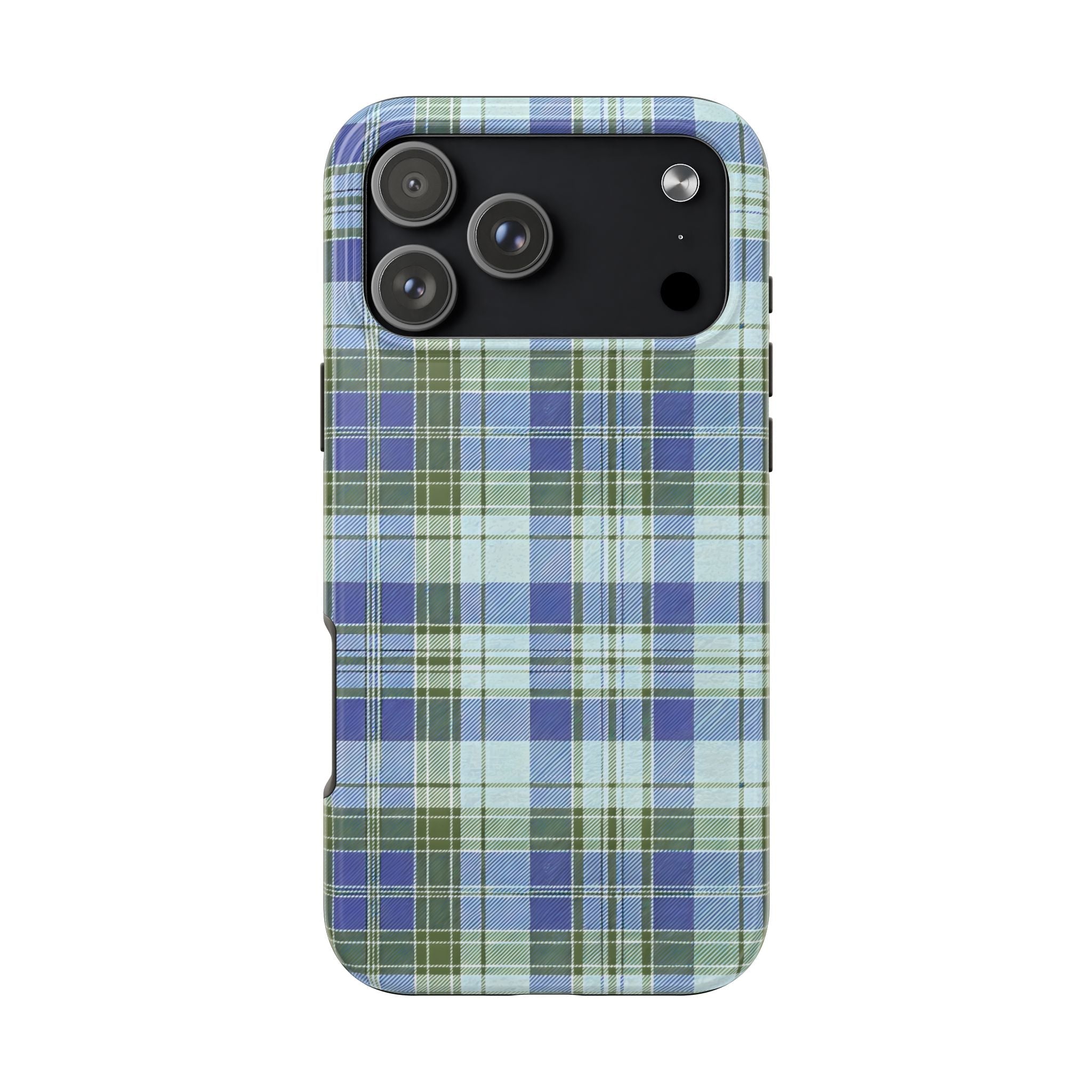 Blue and green plaid phone case with cutouts for camera and flash
