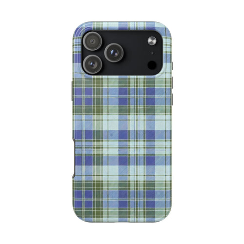 Blue and green plaid phone case with cutouts for camera and flash
