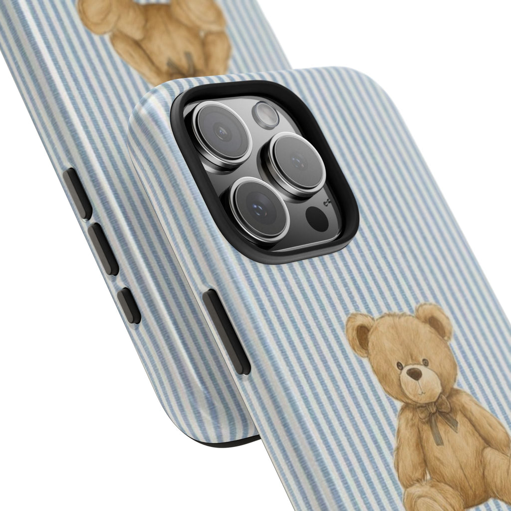 Striped phone case with teddy bear on back; angled view shows camera lens cutouts