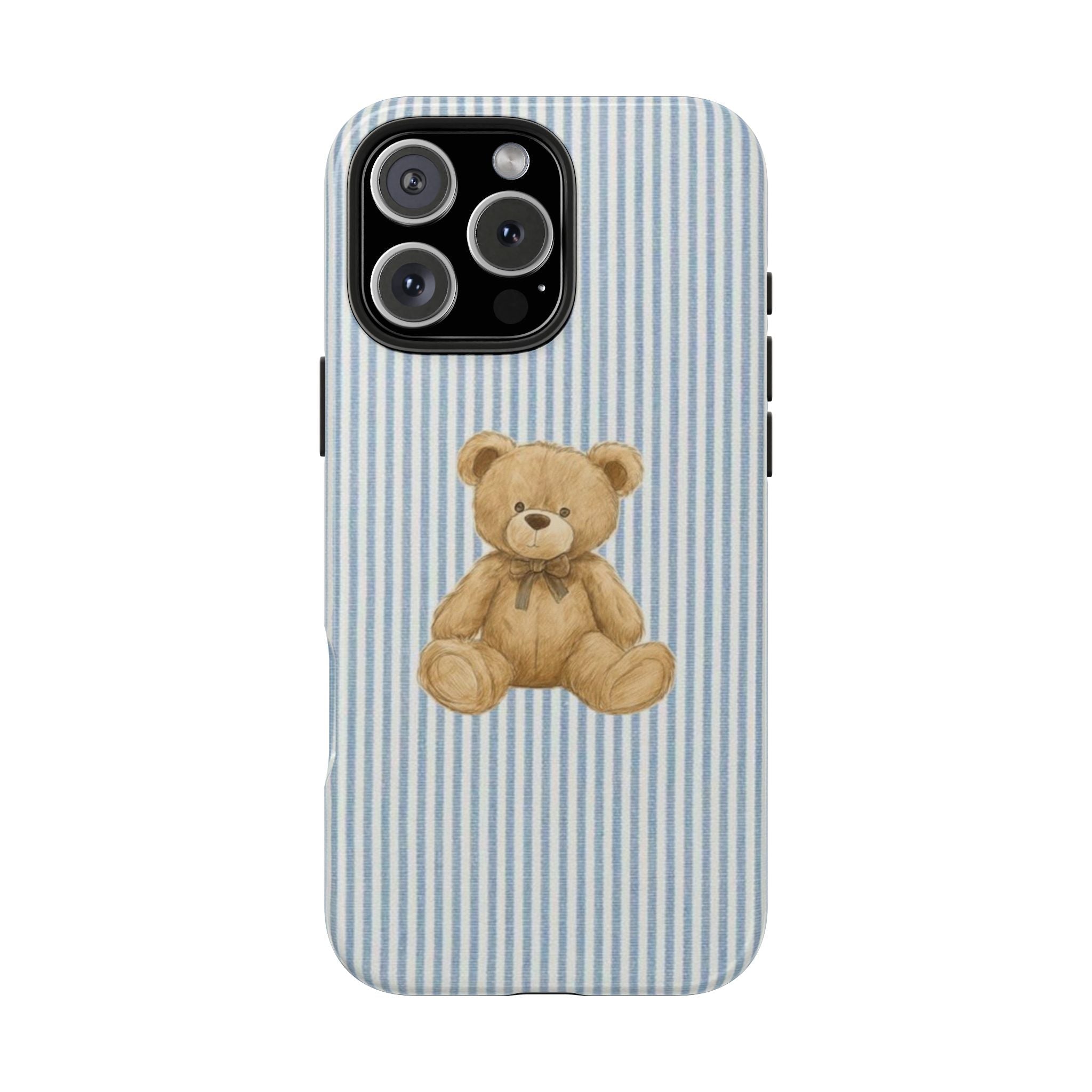 Blue Harbor striped phone case with teddy bear applique and raised camera cutouts