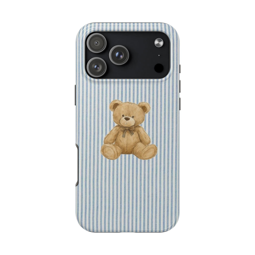 Blue Harbor striped phone case with centered teddy bear and camera module cutouts