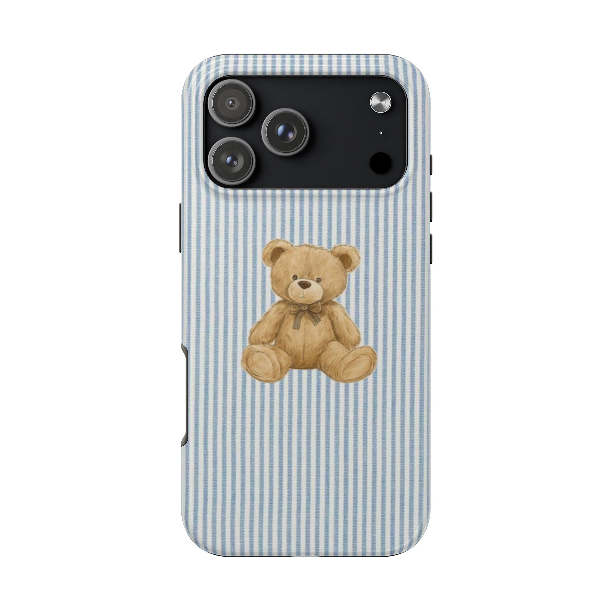 Blue Harbor striped phone case with centered teddy bear and camera module cutouts