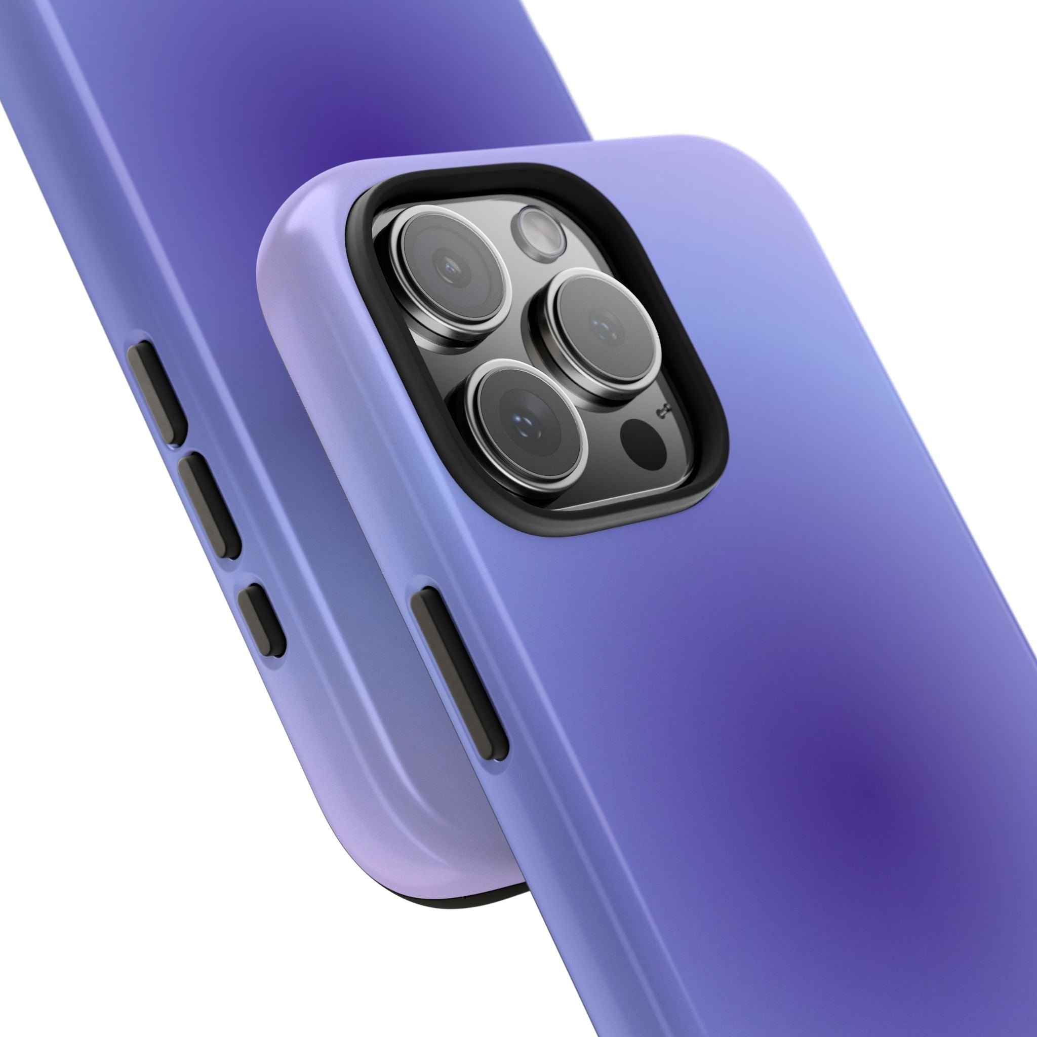 Blue-purple aura phone case close-up: side buttons and triple-lens camera cutout