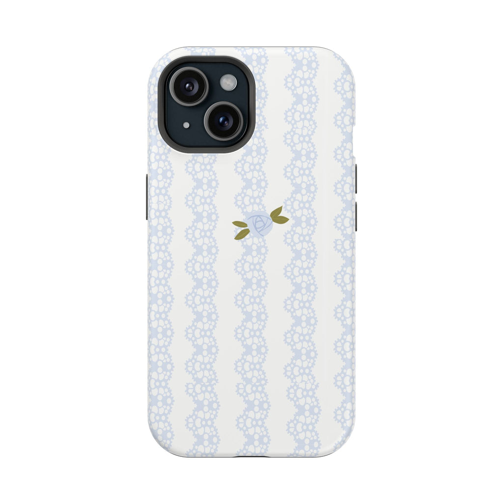 Light blue lace knit jacquard phone case with rose-and-leaf motif, camera cutouts