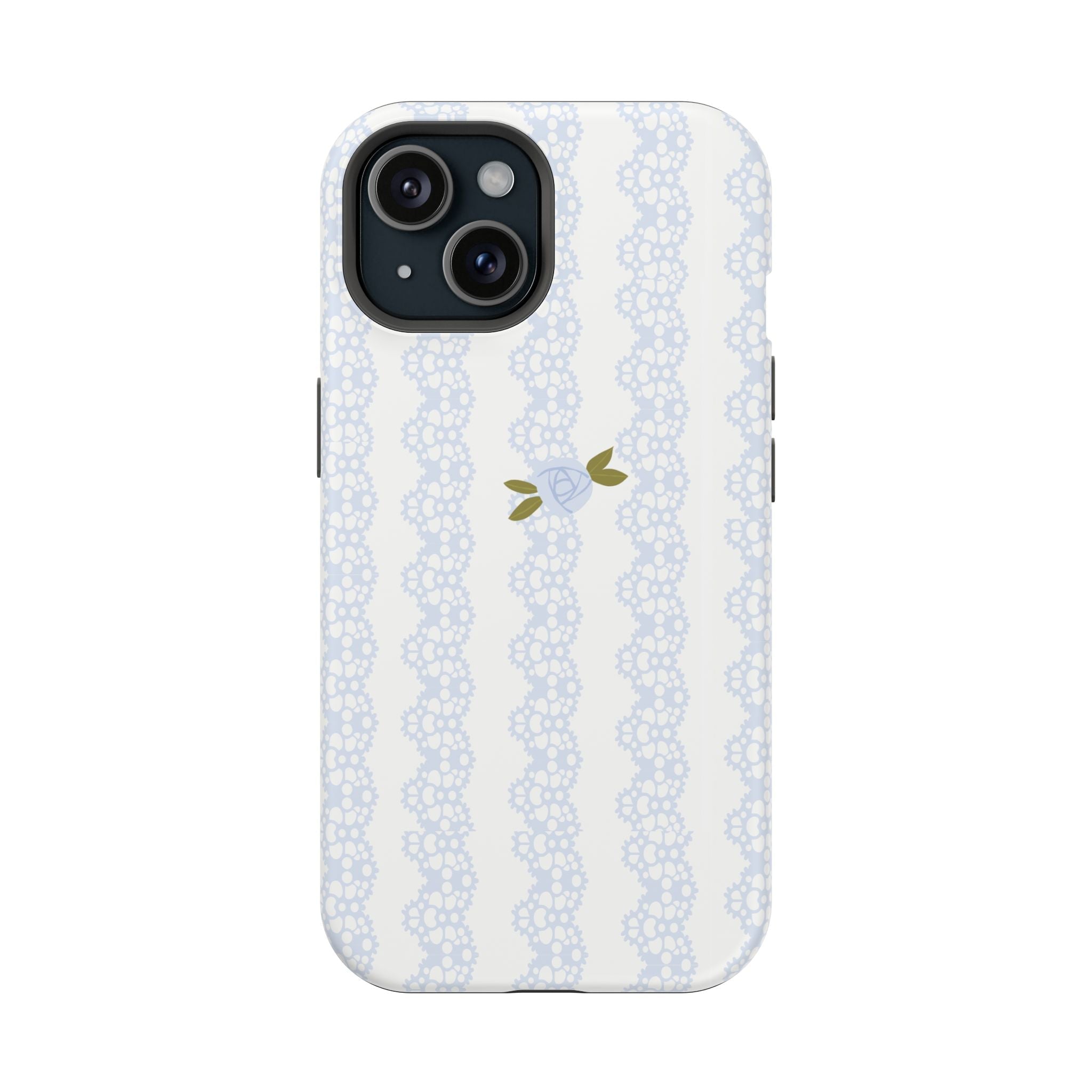 Light blue lace knit jacquard phone case with rose-and-leaf motif, camera cutouts