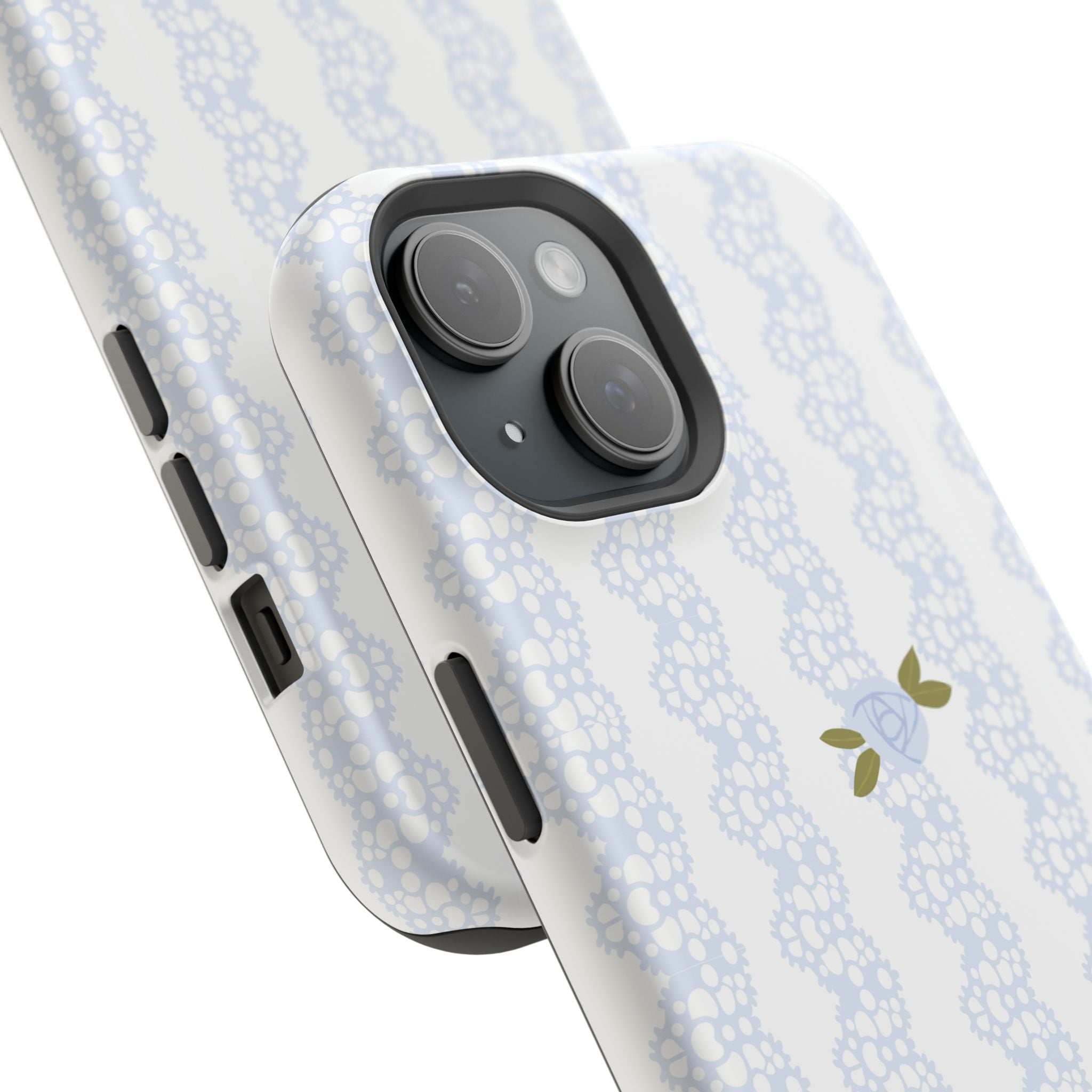 Side view light blue lace knit jacquard phone case, raised camera bump and cutouts