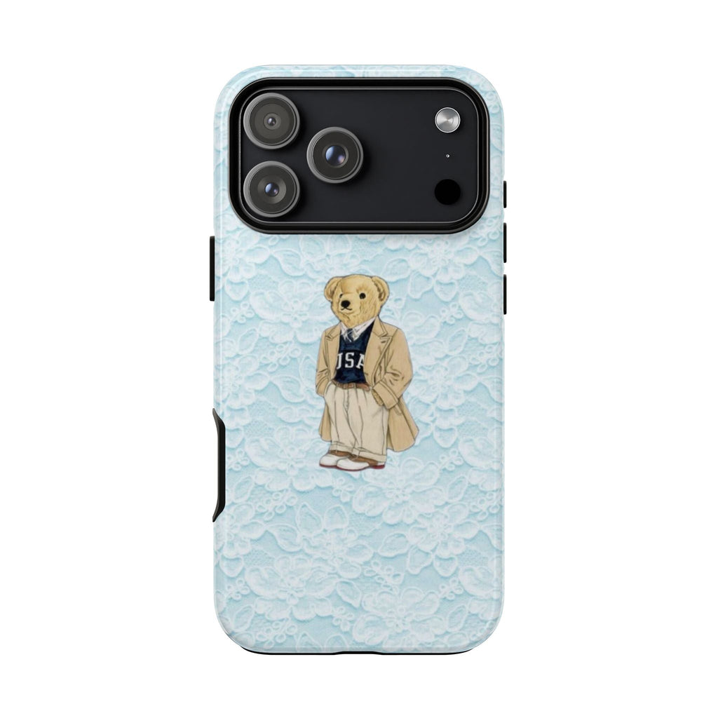 Light blue lace phone case with teddy graphic and black camera panel