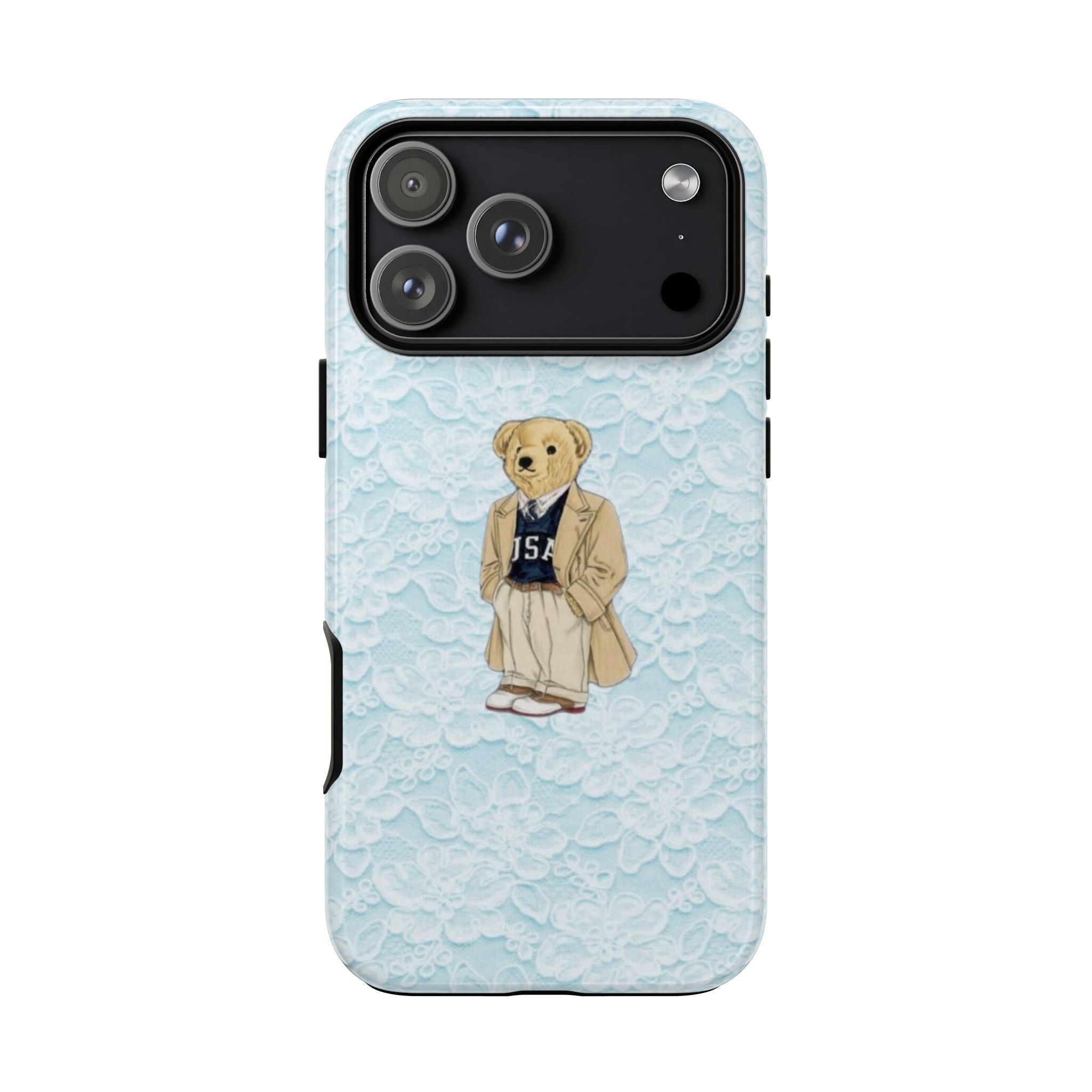 Light blue lace phone case with teddy graphic and black camera panel