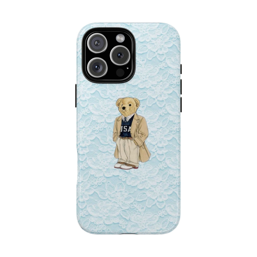 Light blue lace teddy bear phone case with teddy in a coat, centered design