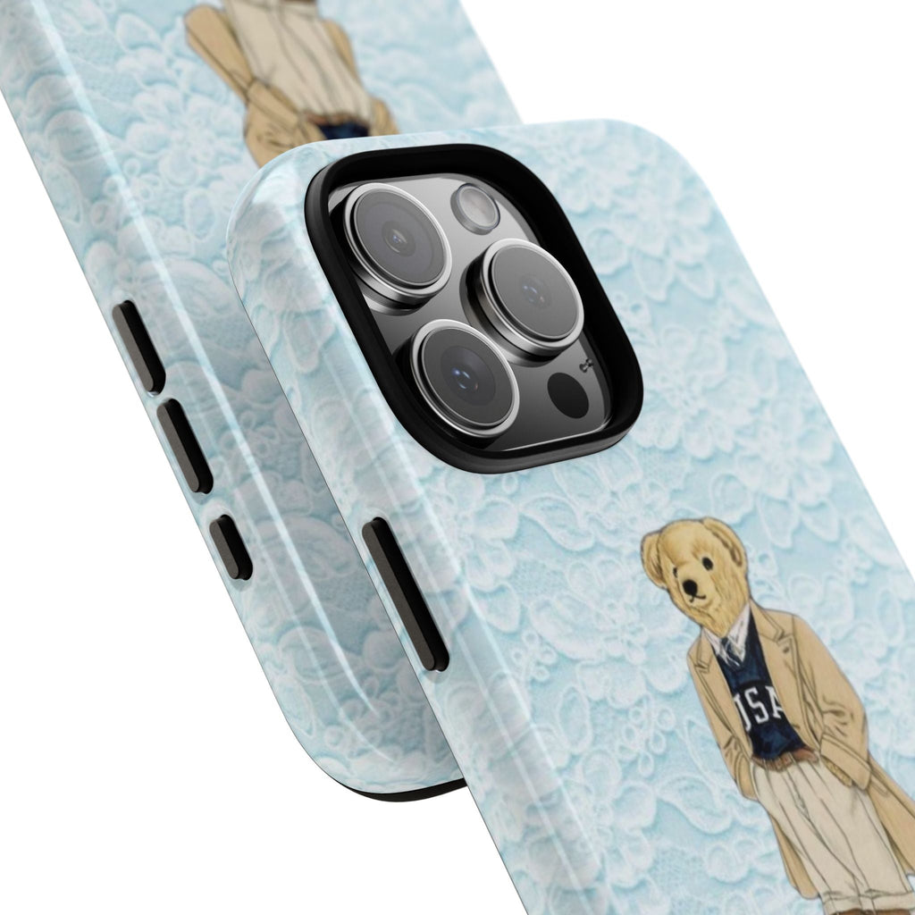 Light blue lace phone case with teddy character and camera lens cutout from side