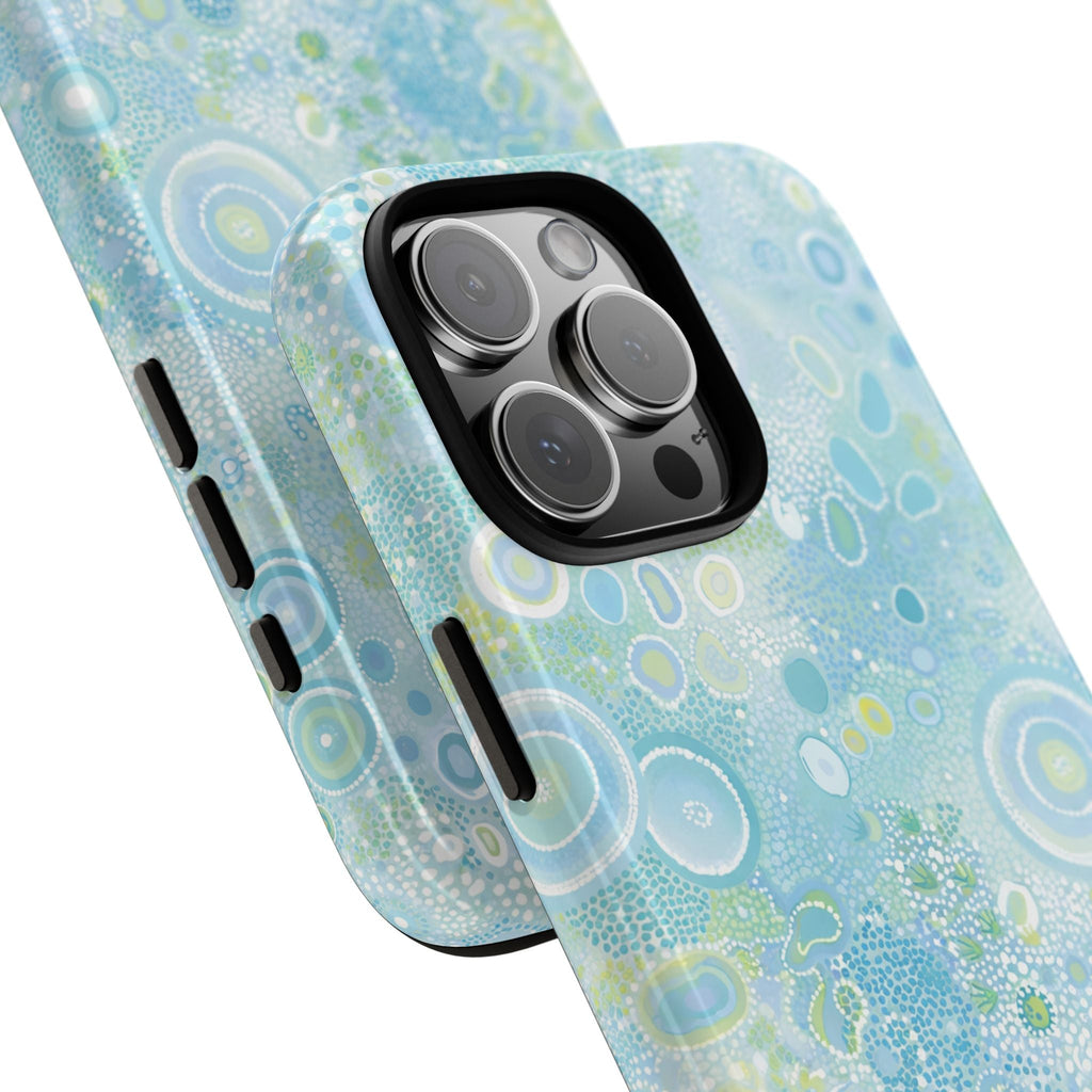 Blue Lagoon phone case side and back showing blue coral bubble pattern and camera lenses