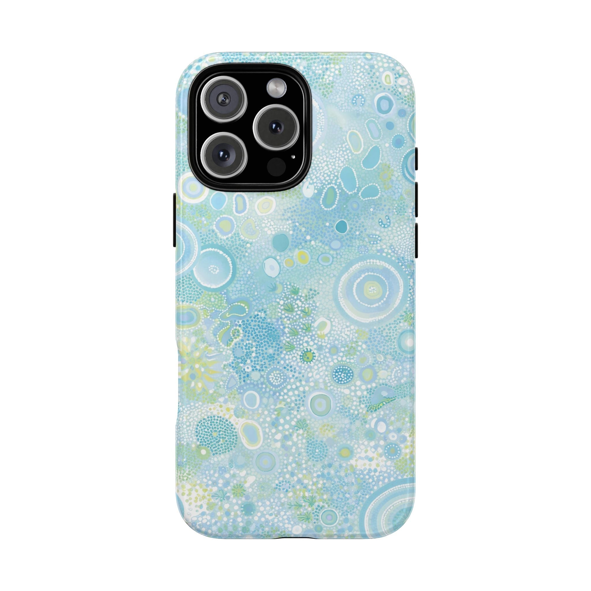 Blue Lagoon phone case with light blue coral bubble pattern and raised camera cutouts