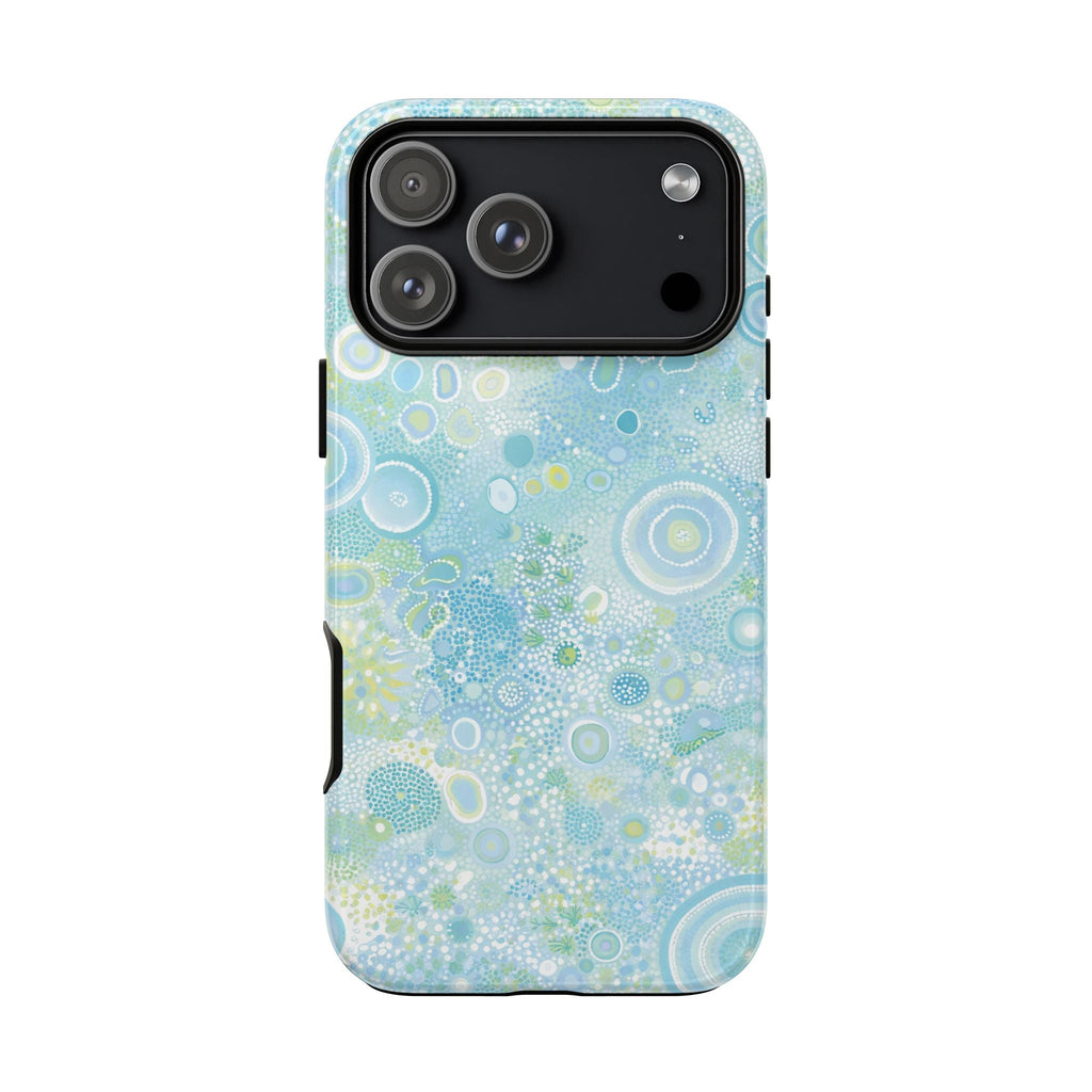 Blue Lagoon phone case back view with blue bubble design and protective camera bezel