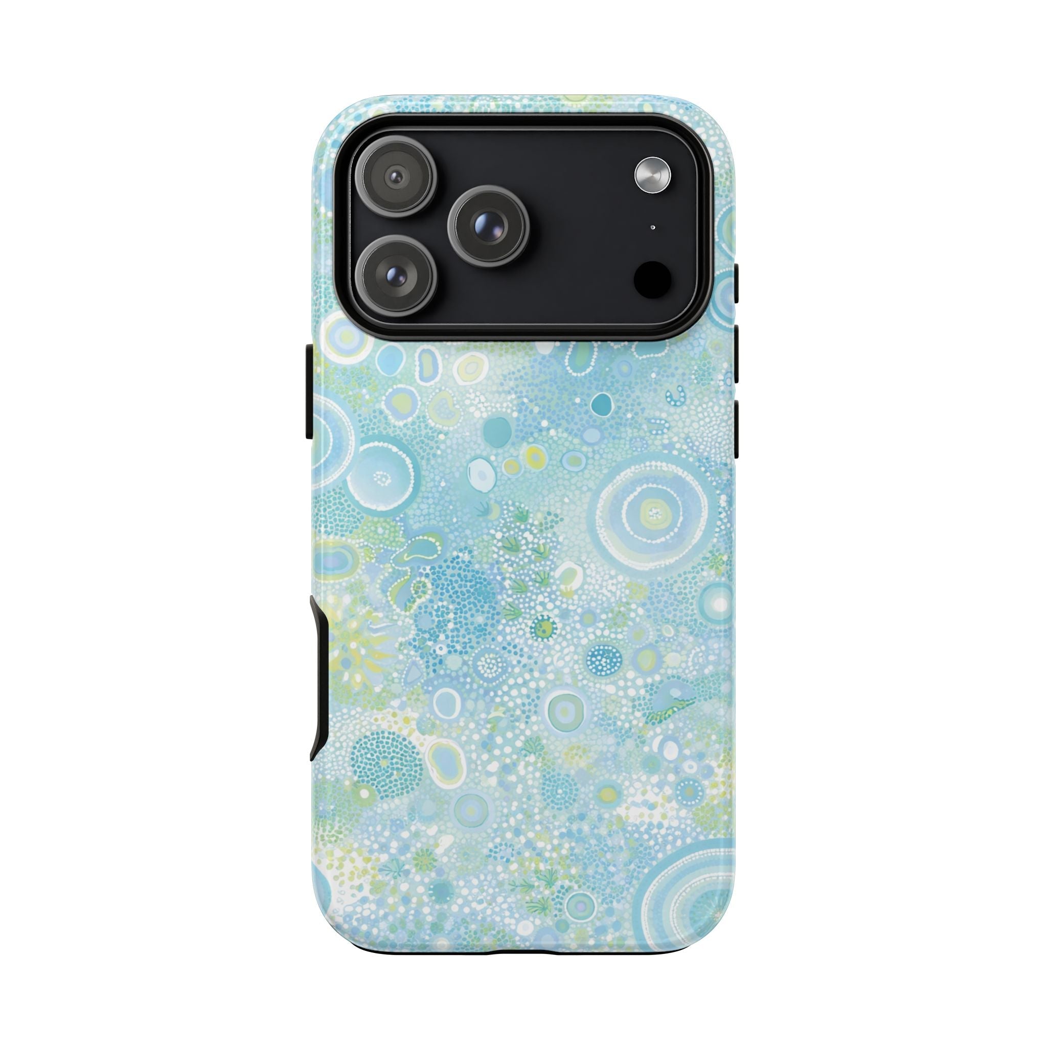 Blue Lagoon phone case back view with blue bubble design and protective camera bezel