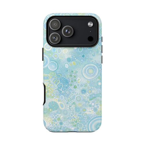 Blue Lagoon phone case back view with blue bubble design and protective camera bezel