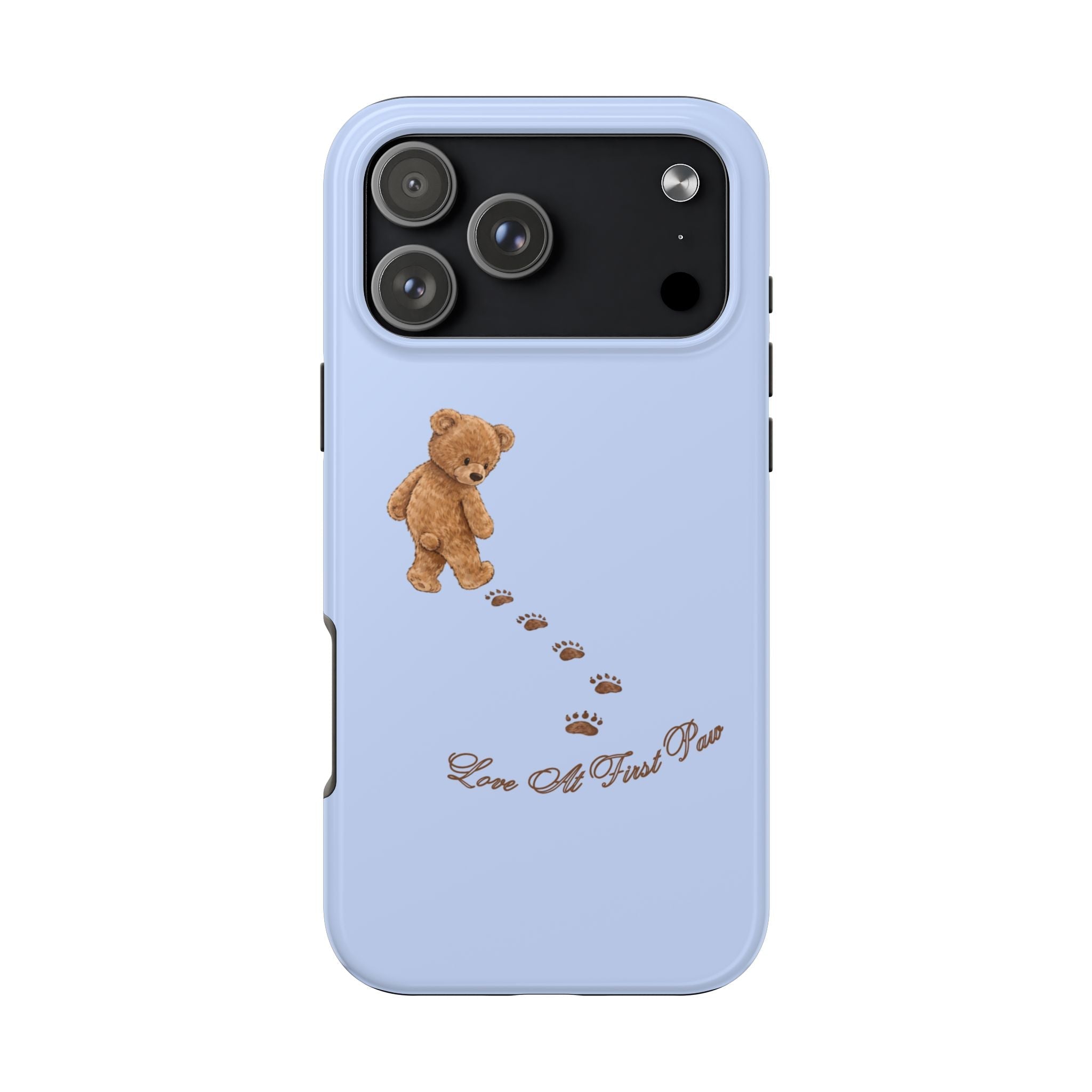 Light blue phone case with teddy bear and paw-print graphics, camera cutout view