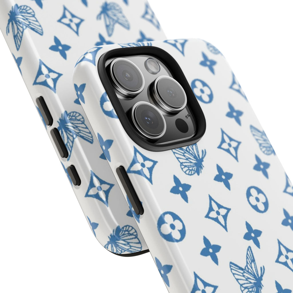 Blue butterfly pattern phone case, angled view showing side buttons and camera bump