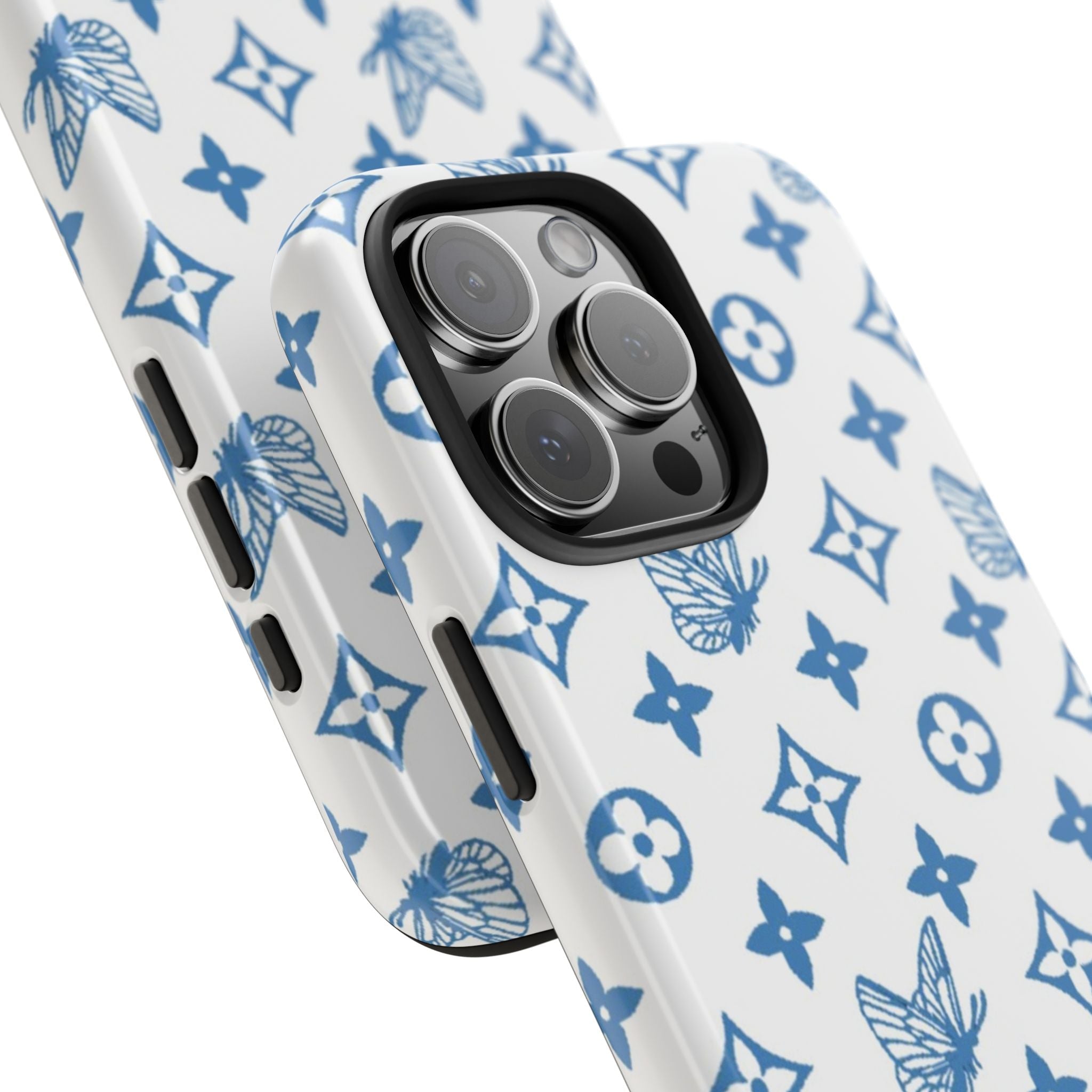 Blue butterfly pattern phone case, angled view showing side buttons and camera bump