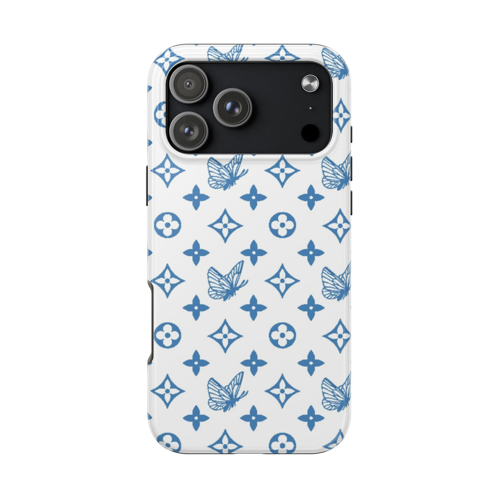 Blue butterfly and monogram pattern phone case, white background, camera cutout