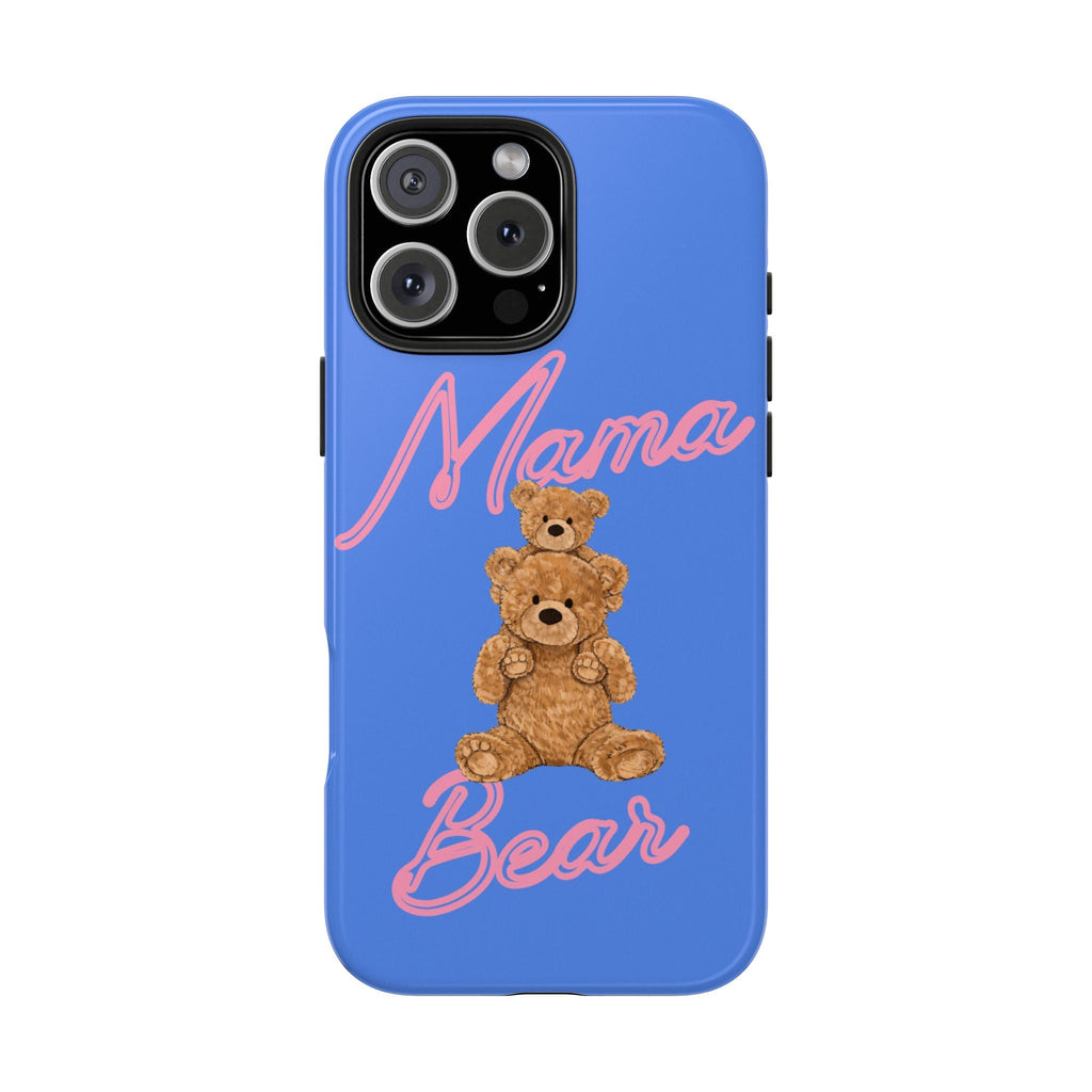 Blue phone case with teddy bear graphic and 'Mama Bear' script design
