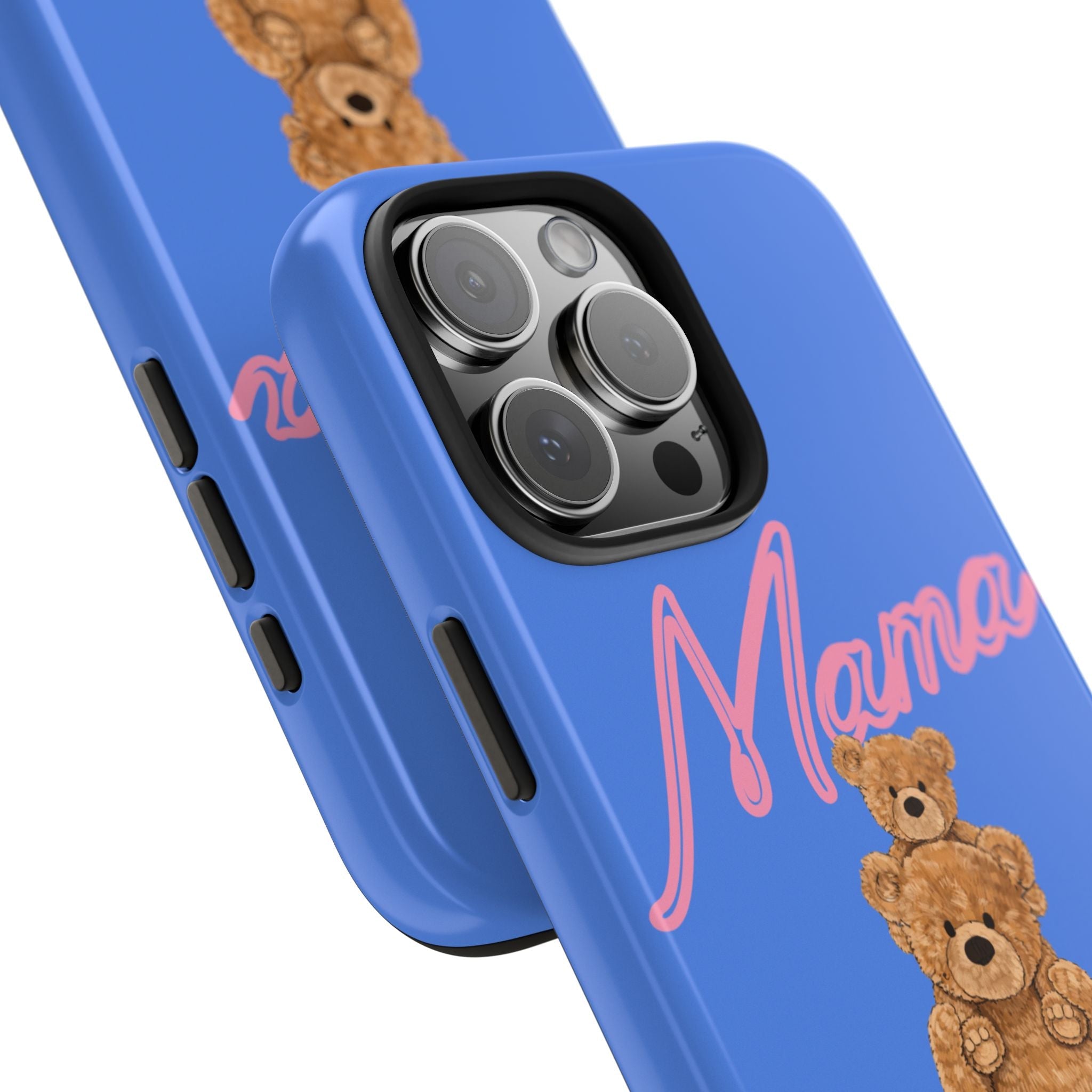Blue phone case corner view with teddy bear art and raised camera lens frame