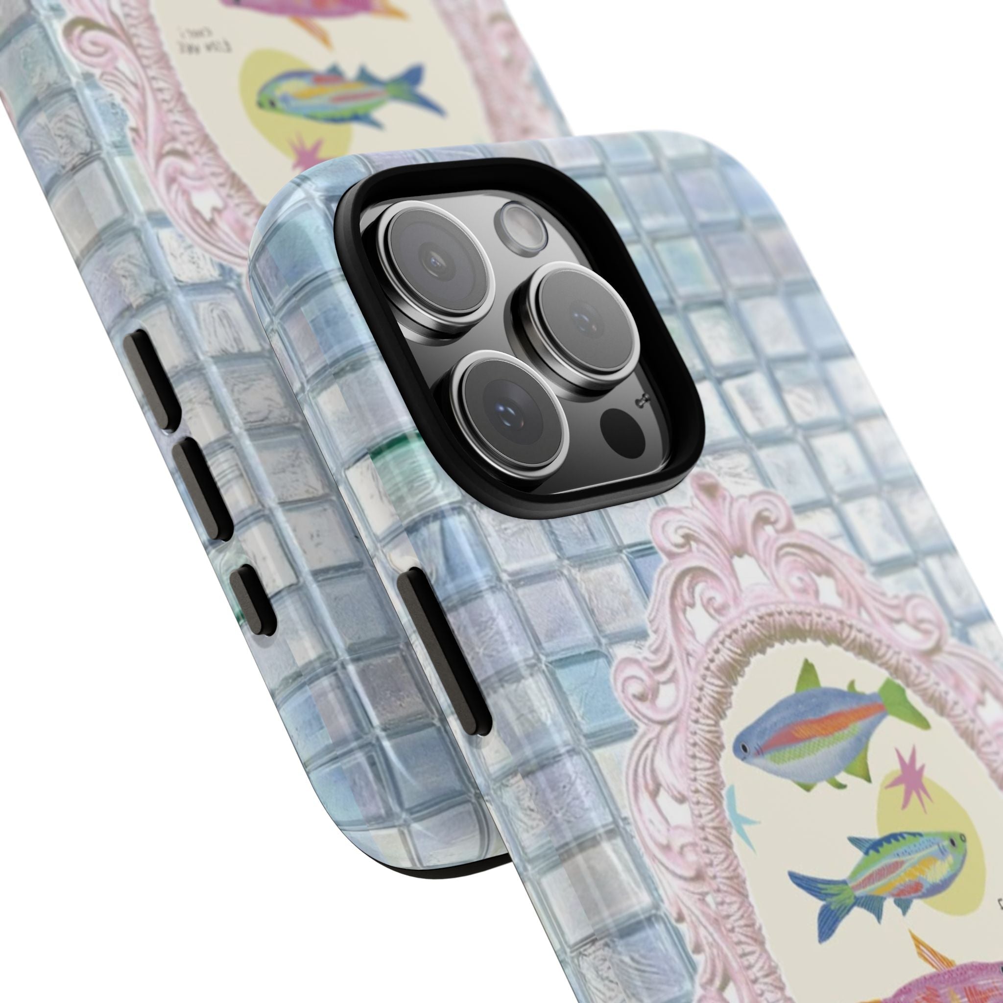 Blue mosaic phone case angled view with fish oval design and camera cutouts