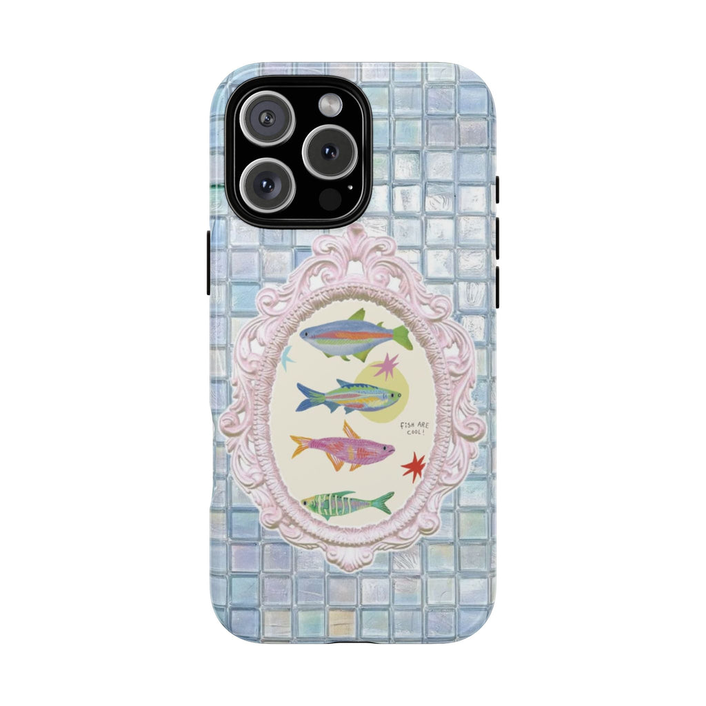 Light blue mosaic phone case with oval fish illustration and ornate pink frame