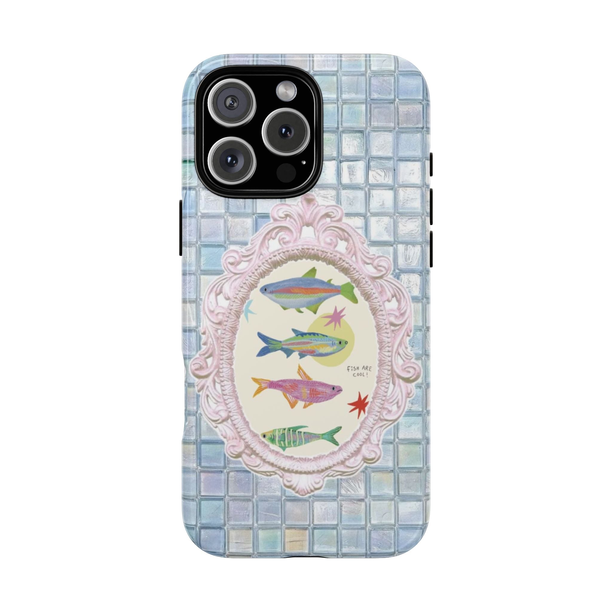 Light blue mosaic phone case with oval fish illustration and ornate pink frame