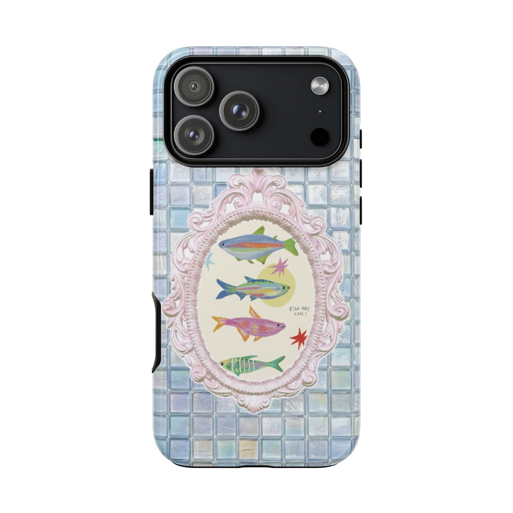 Blue mosaic phone case back with fish oval graphic and camera cutouts