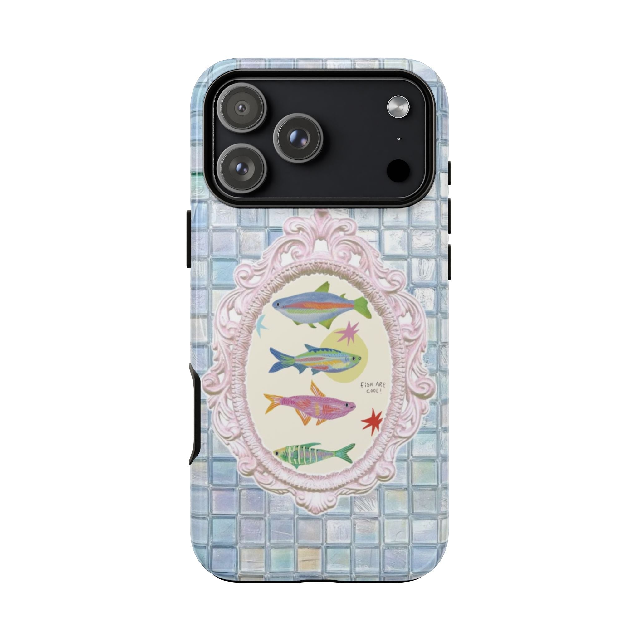 Blue mosaic phone case back with fish oval graphic and camera cutouts