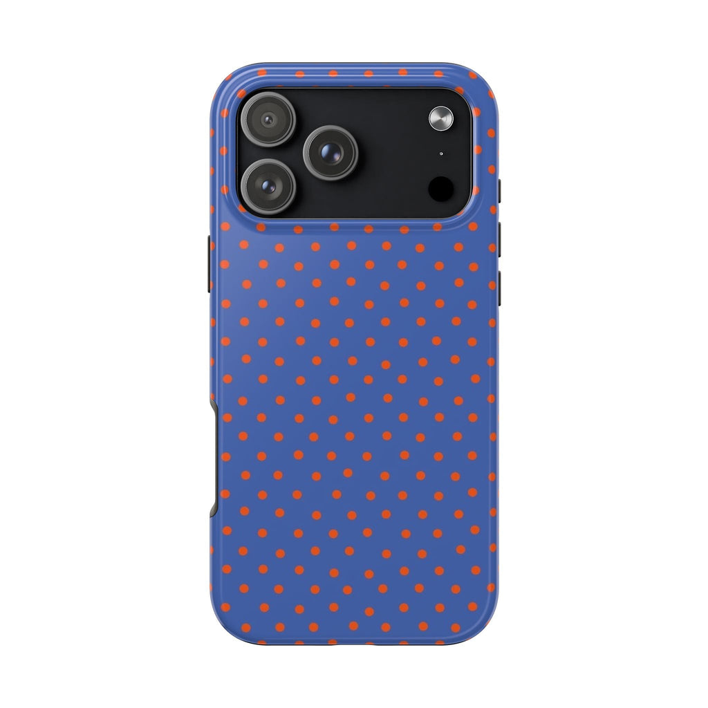 Blue phone case with orange mini polka dots and camera cutouts