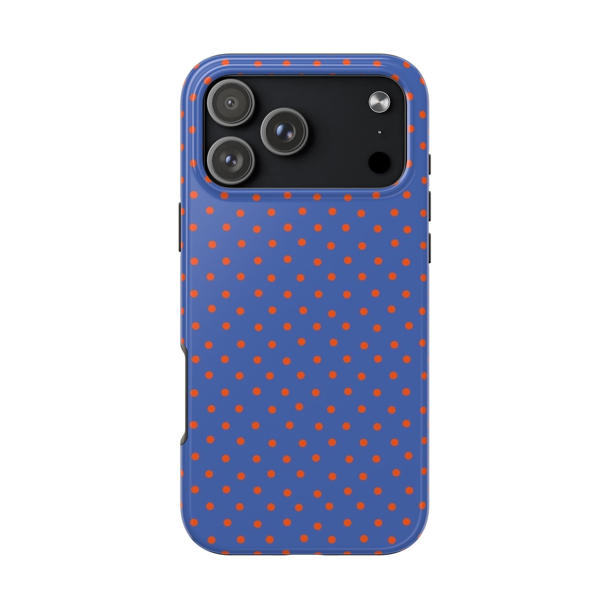 Blue phone case with orange mini polka dots and camera cutouts