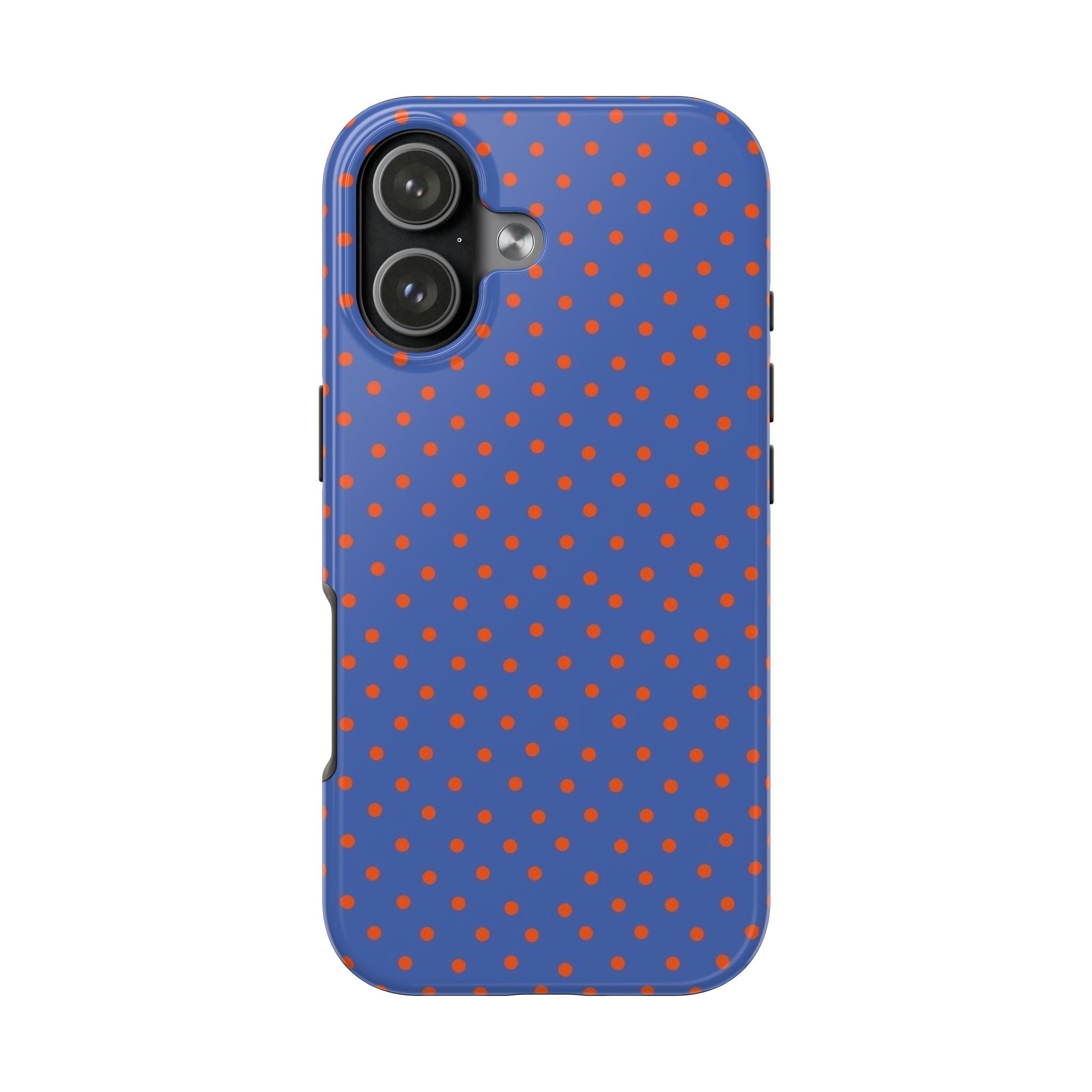 Blue phone case with orange mini polka dots and smooth edge bumper