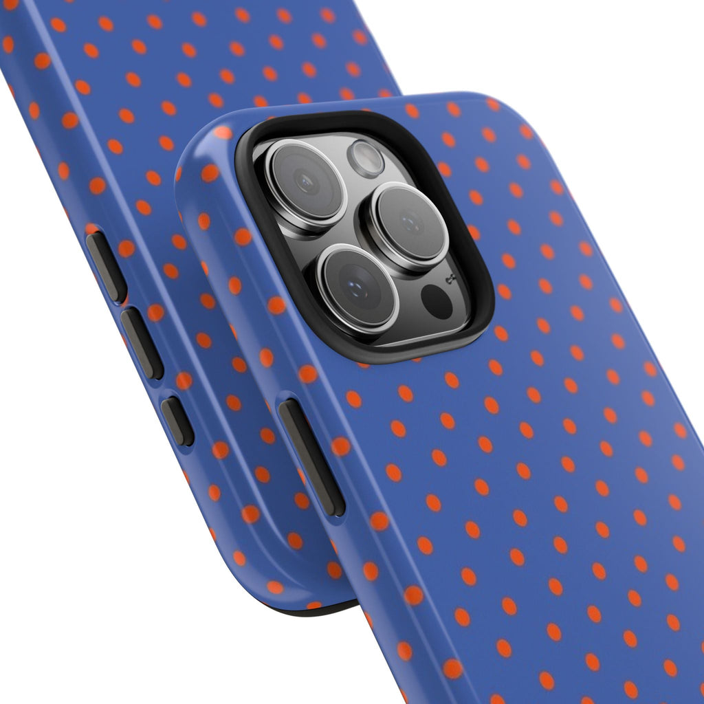 Blue case with orange mini polka dot pattern and raised camera bump