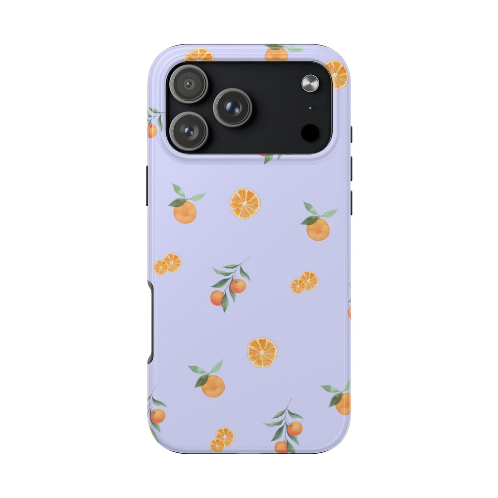 Lavender phone case with orange and lemon print; dark camera module with cutouts