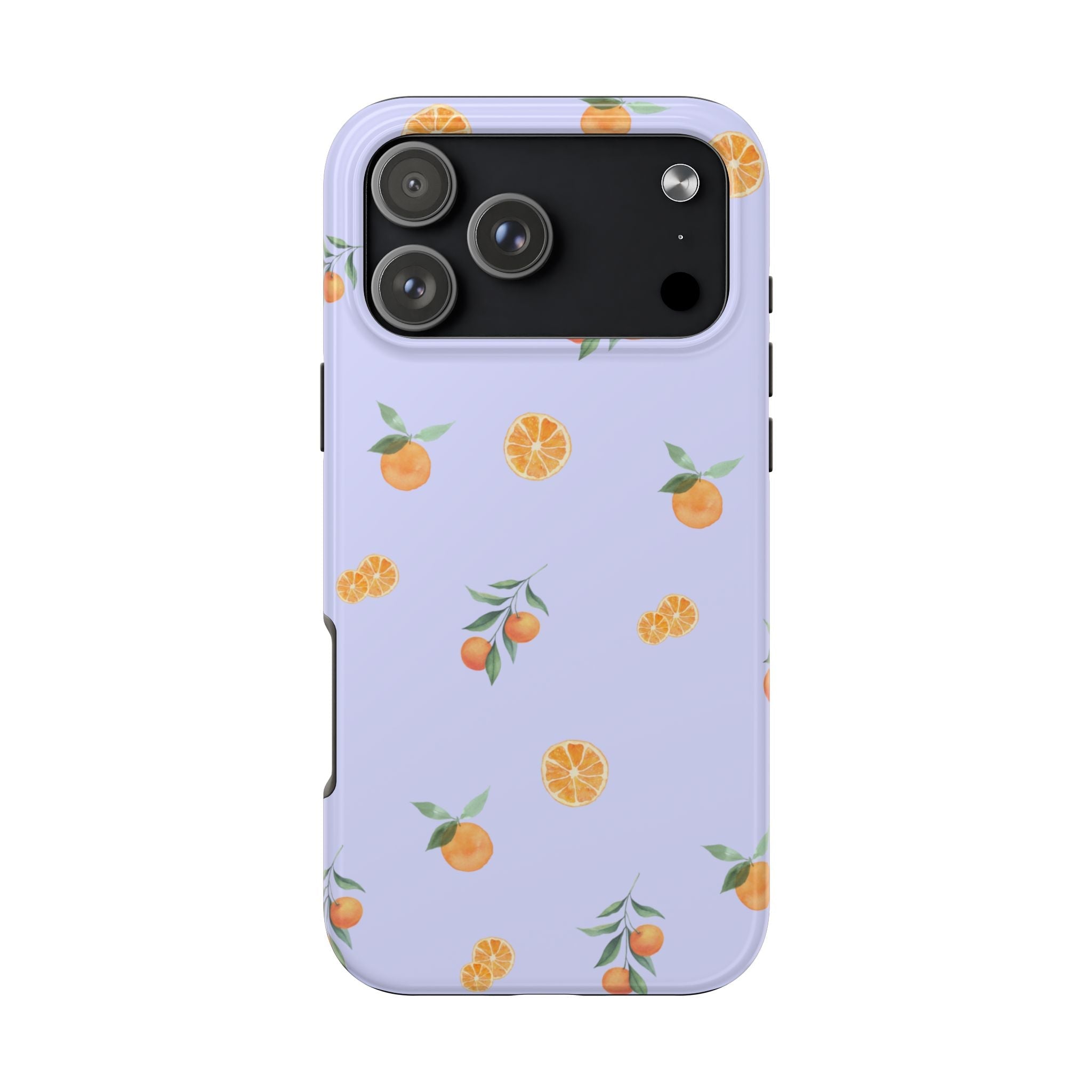 Lavender phone case with orange and lemon print; dark camera module with cutouts