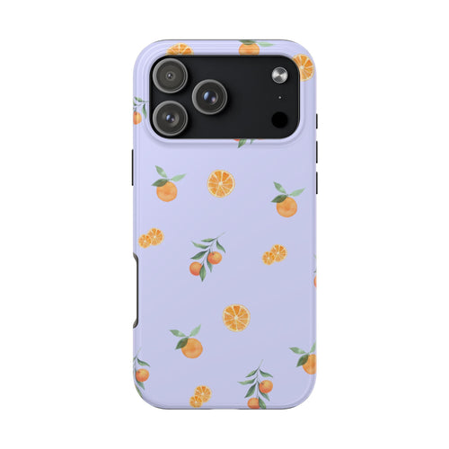 Lavender phone case with orange and lemon print; dark camera module with cutouts