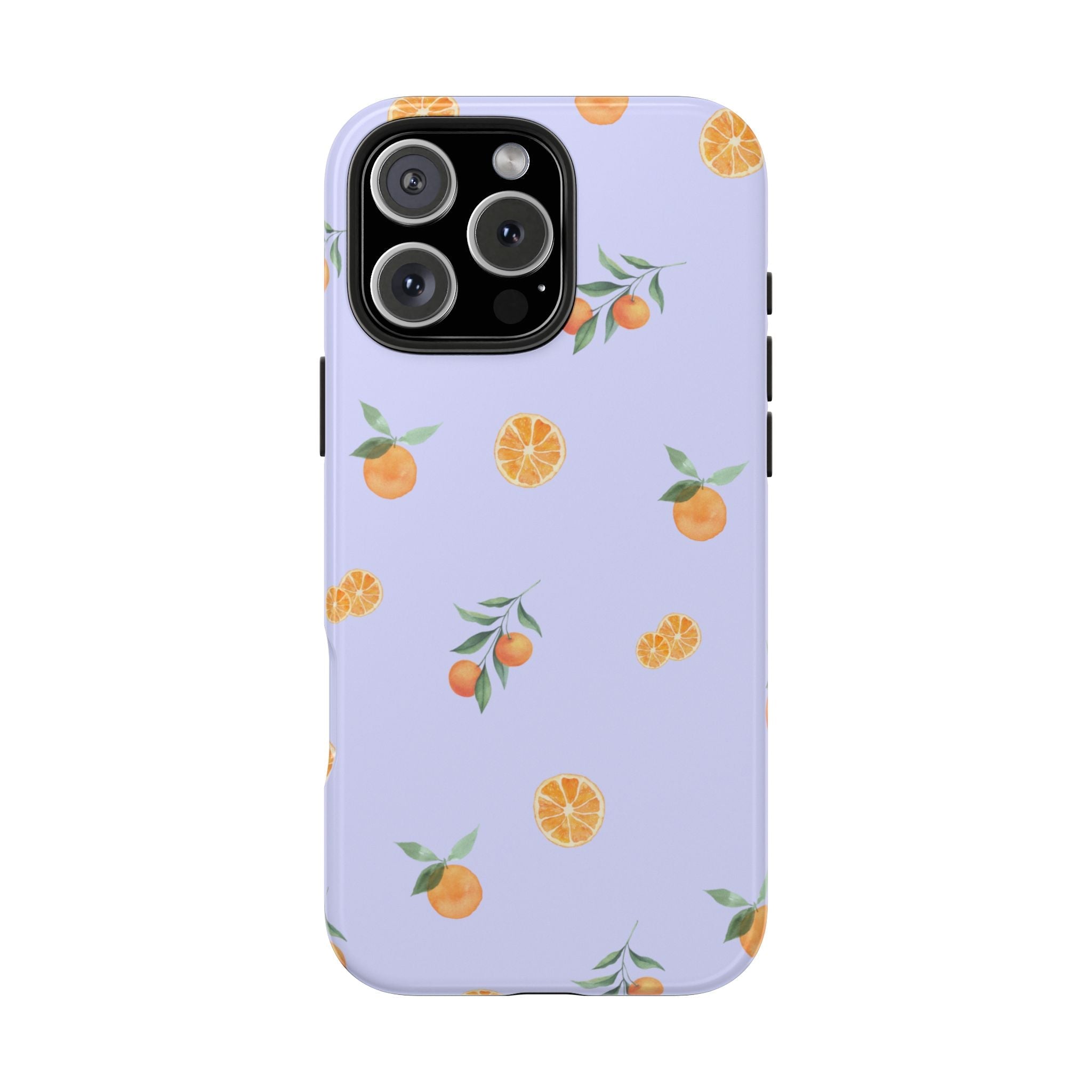 Lavender phone case with repeating orange and lemon fruit pattern; raised camera cutout