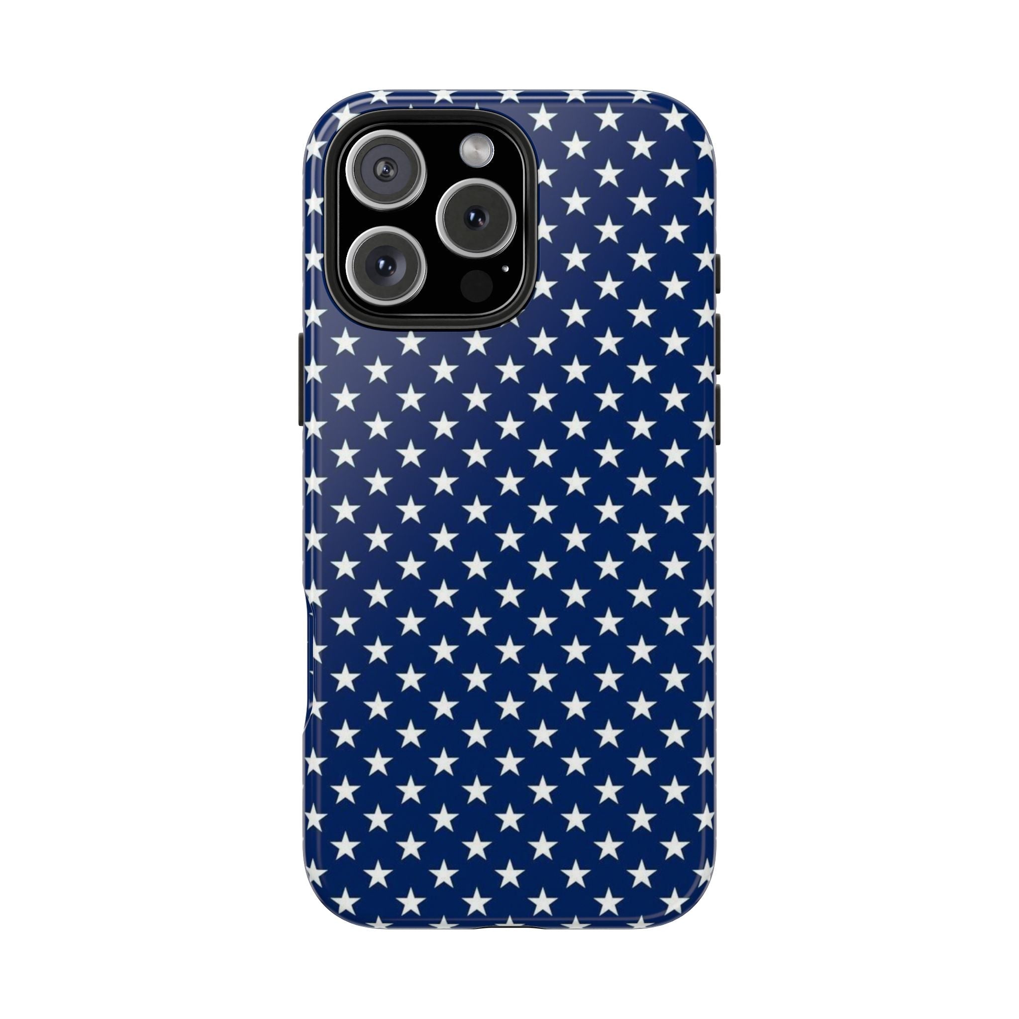 Blue patriotic stars phone case with all-over white star pattern and camera cutouts